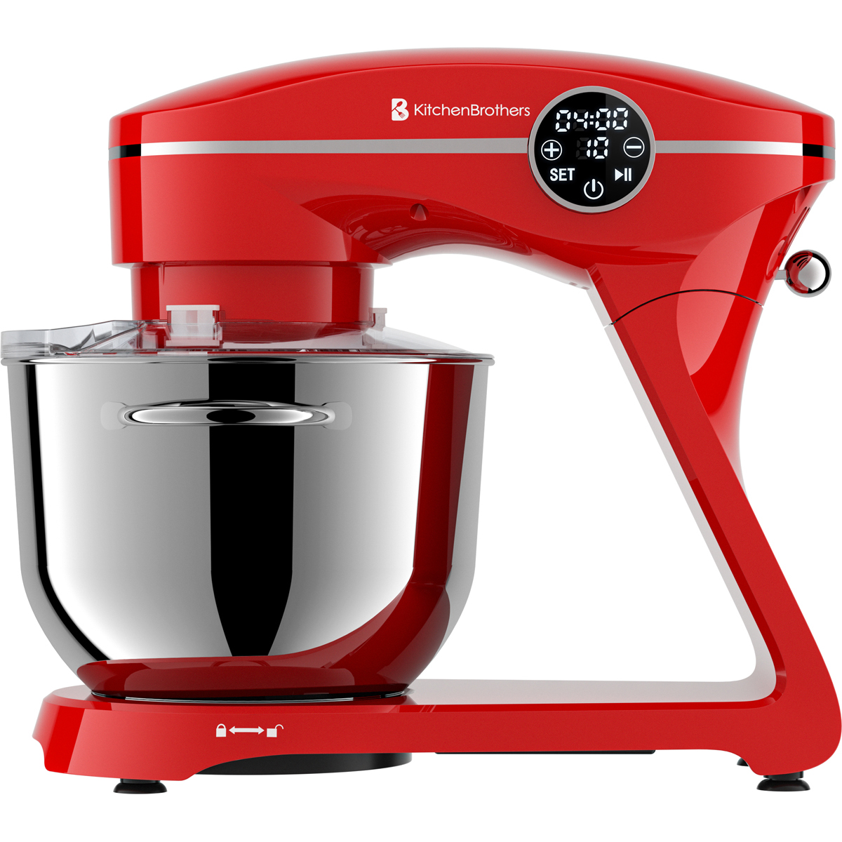 Un robot pâtissier rouge avec bol en inox et écran digital.