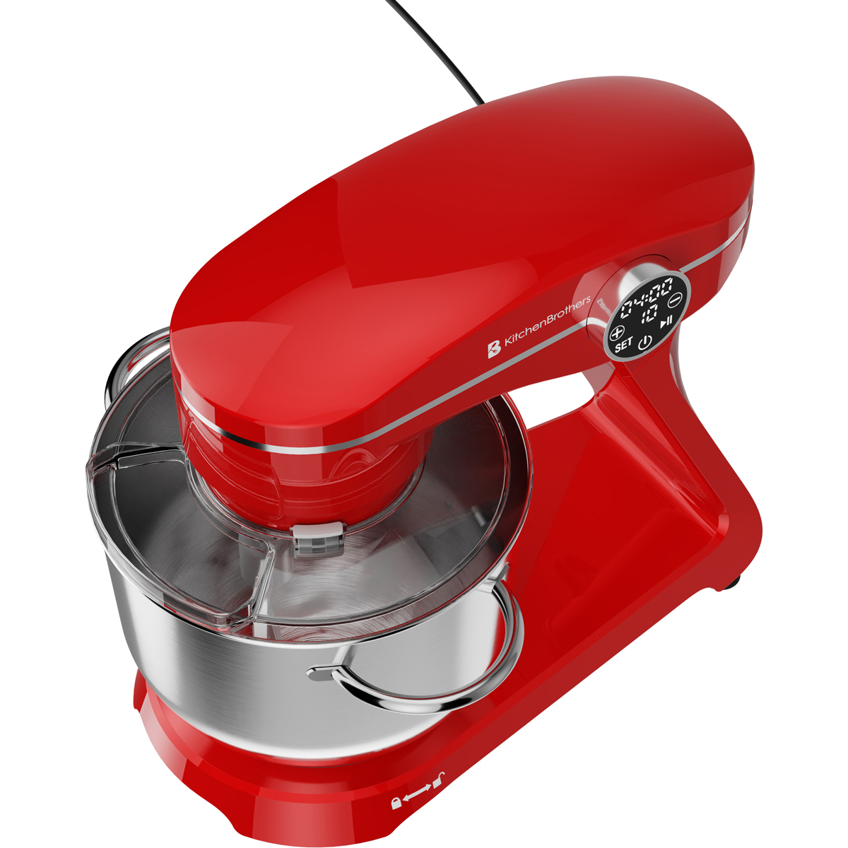 Un robot pâtissier rouge avec bol argenté et écran numérique sur fond blanc.