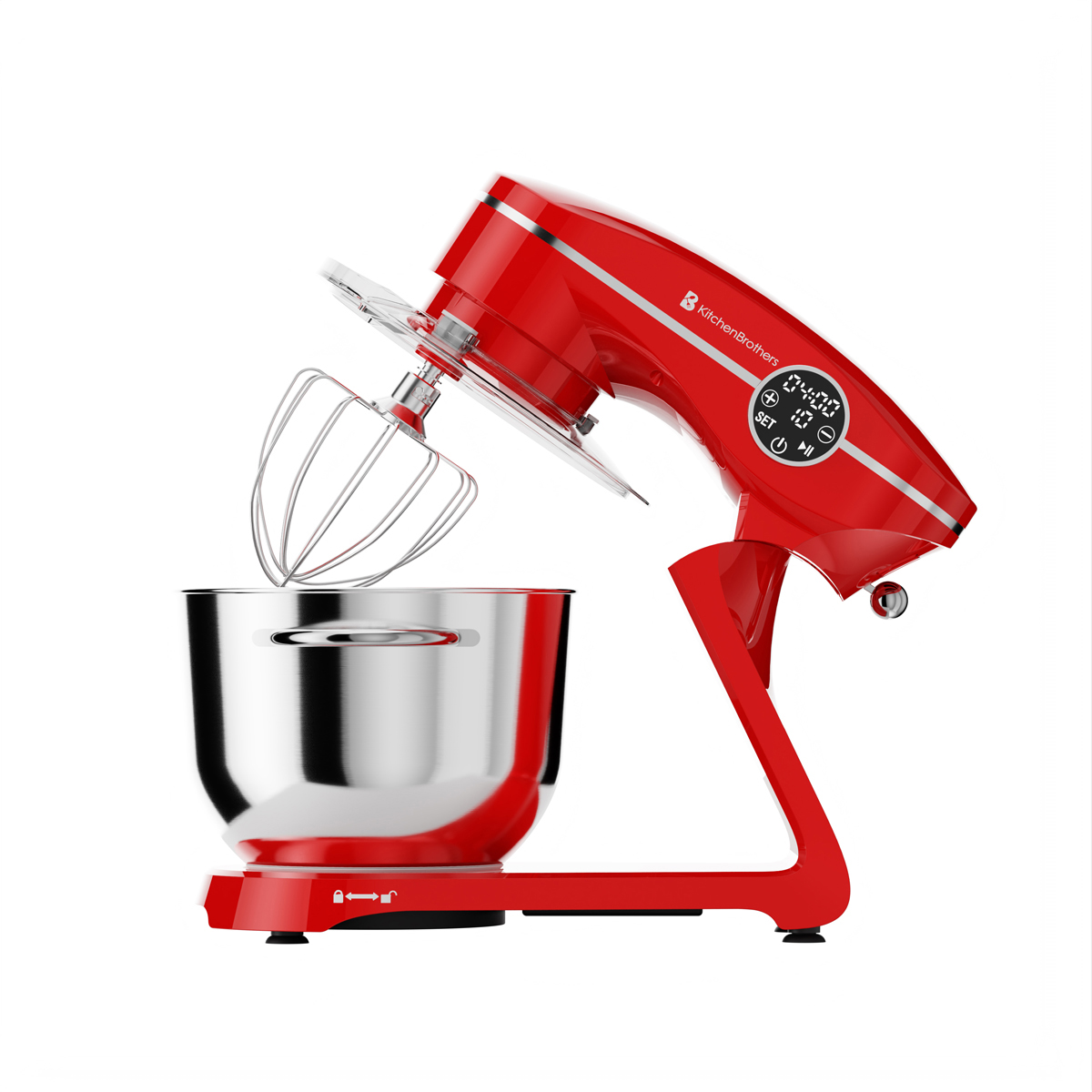 Un robot pâtissier rouge avec bol argenté et fouet, sur fond blanc.