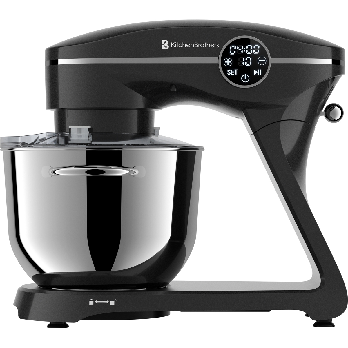 Robot pâtissier noir avec bol en acier inoxydable et écran digital.