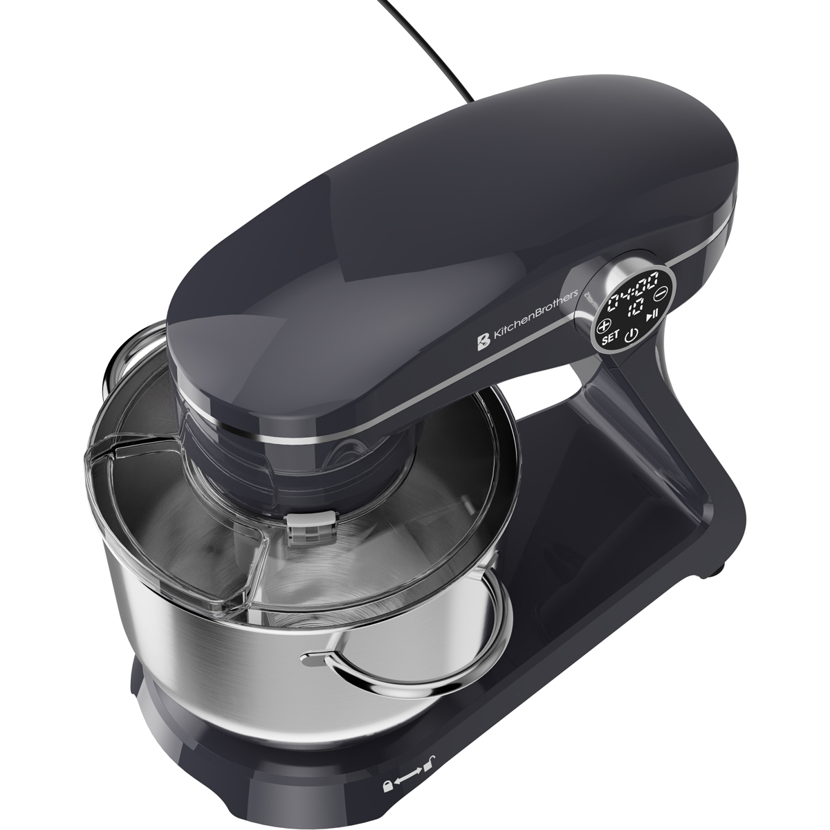 Robot pâtissier gris foncé avec bol inox et écran digital.