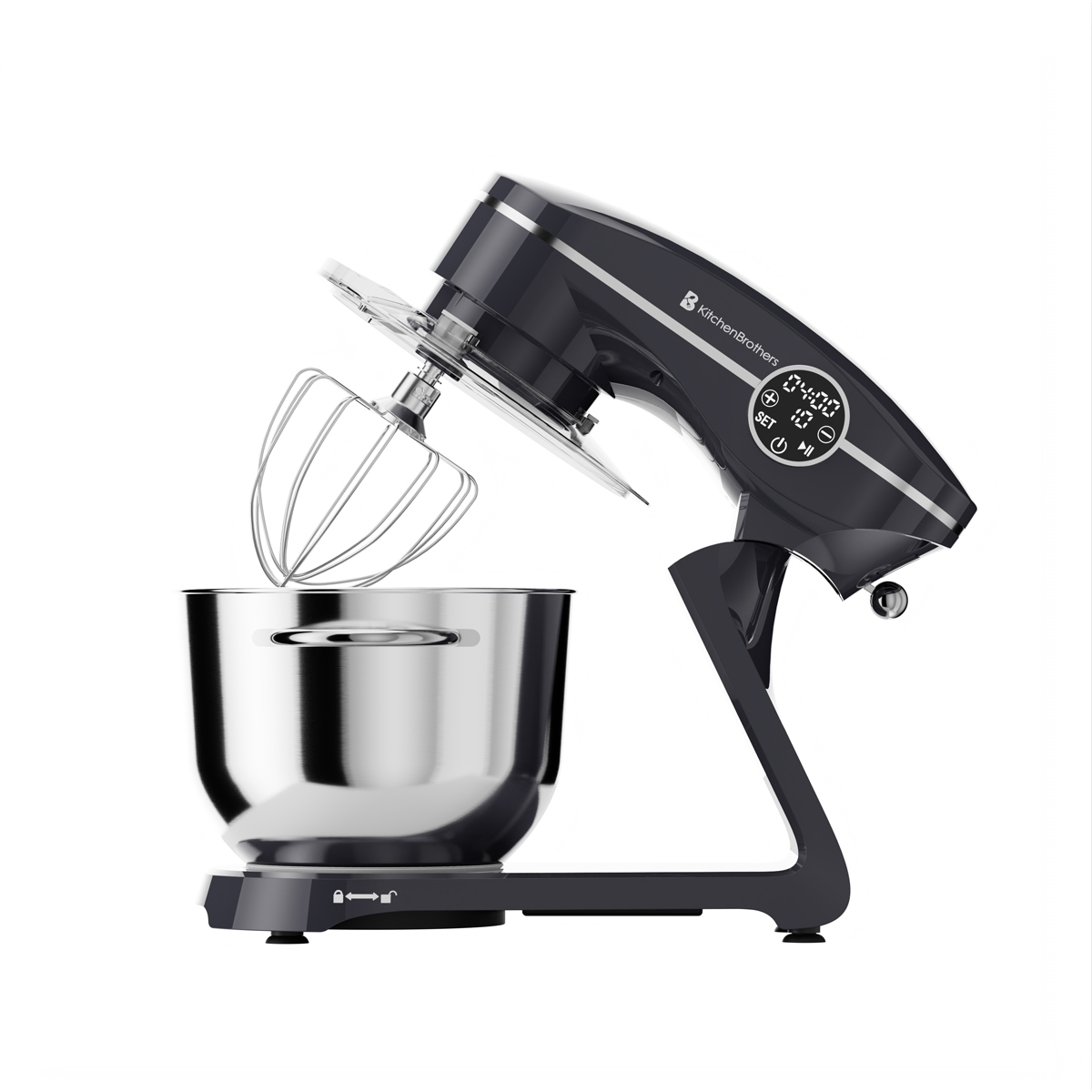 Un robot pâtissier KitchenBrothers gris foncé avec bol et fouet argentés.