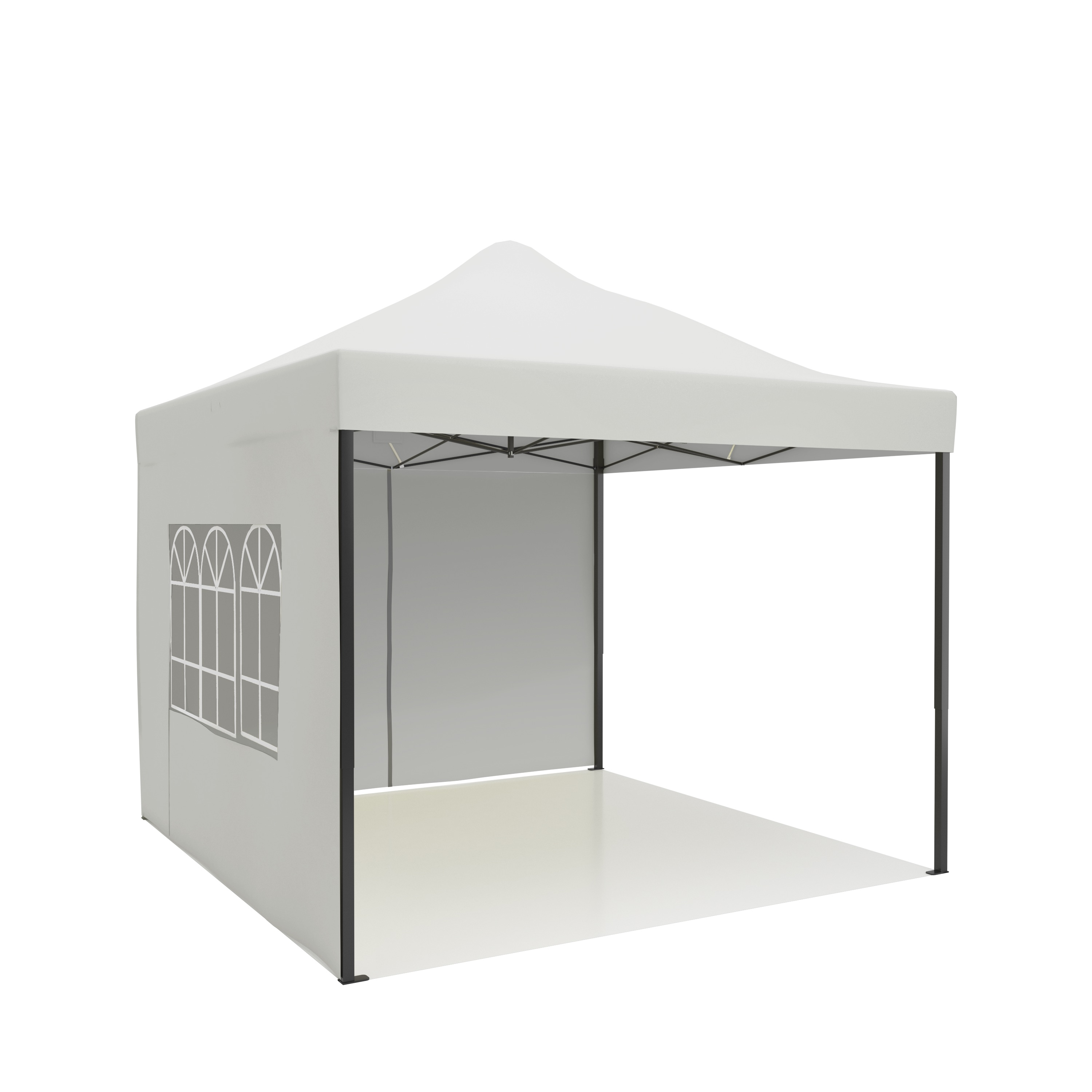 Een witte paviljoentent met zwarte palen en ramen.