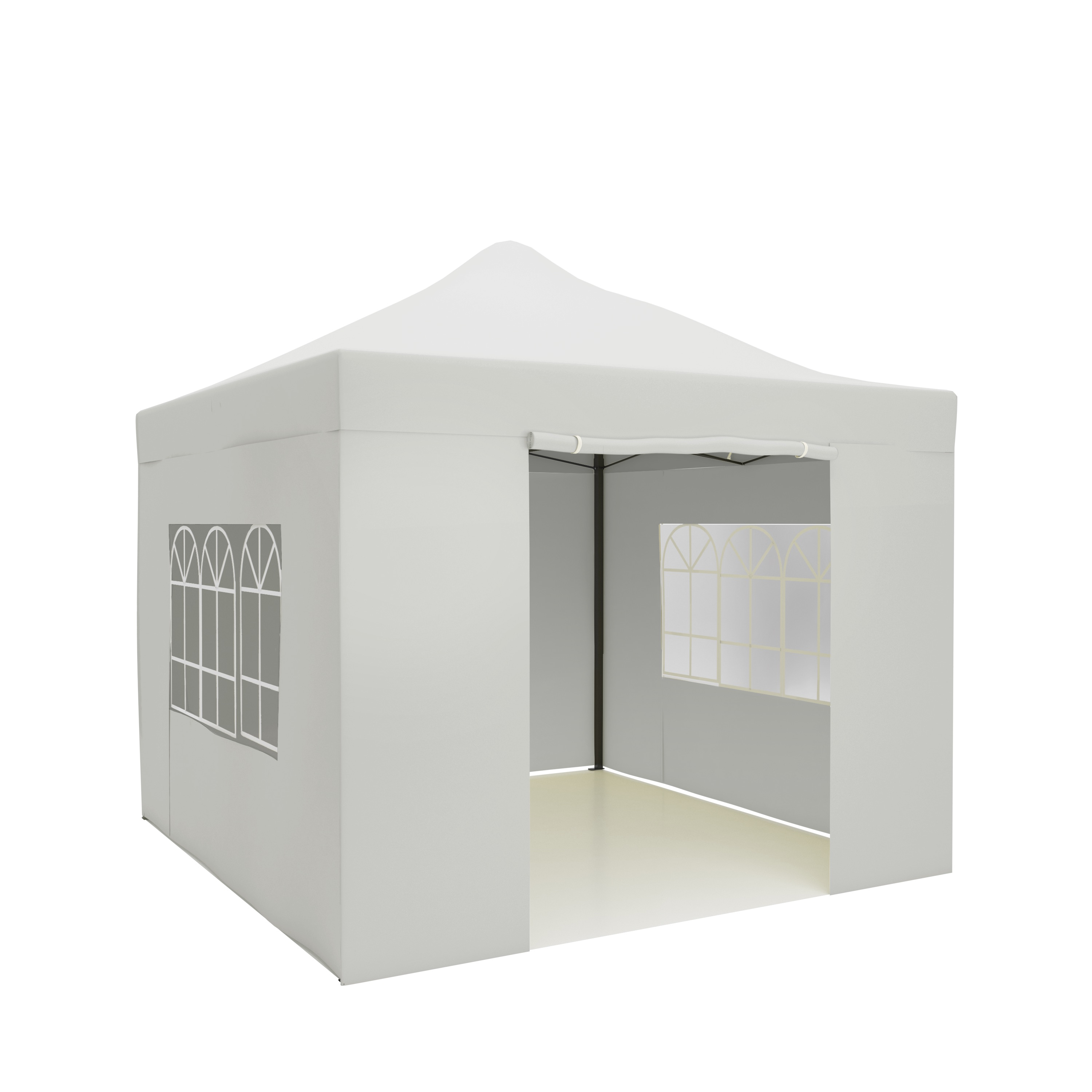 Een witte pop-up tent met gebogen ramen wordt getoond tegen een witte achtergrond.