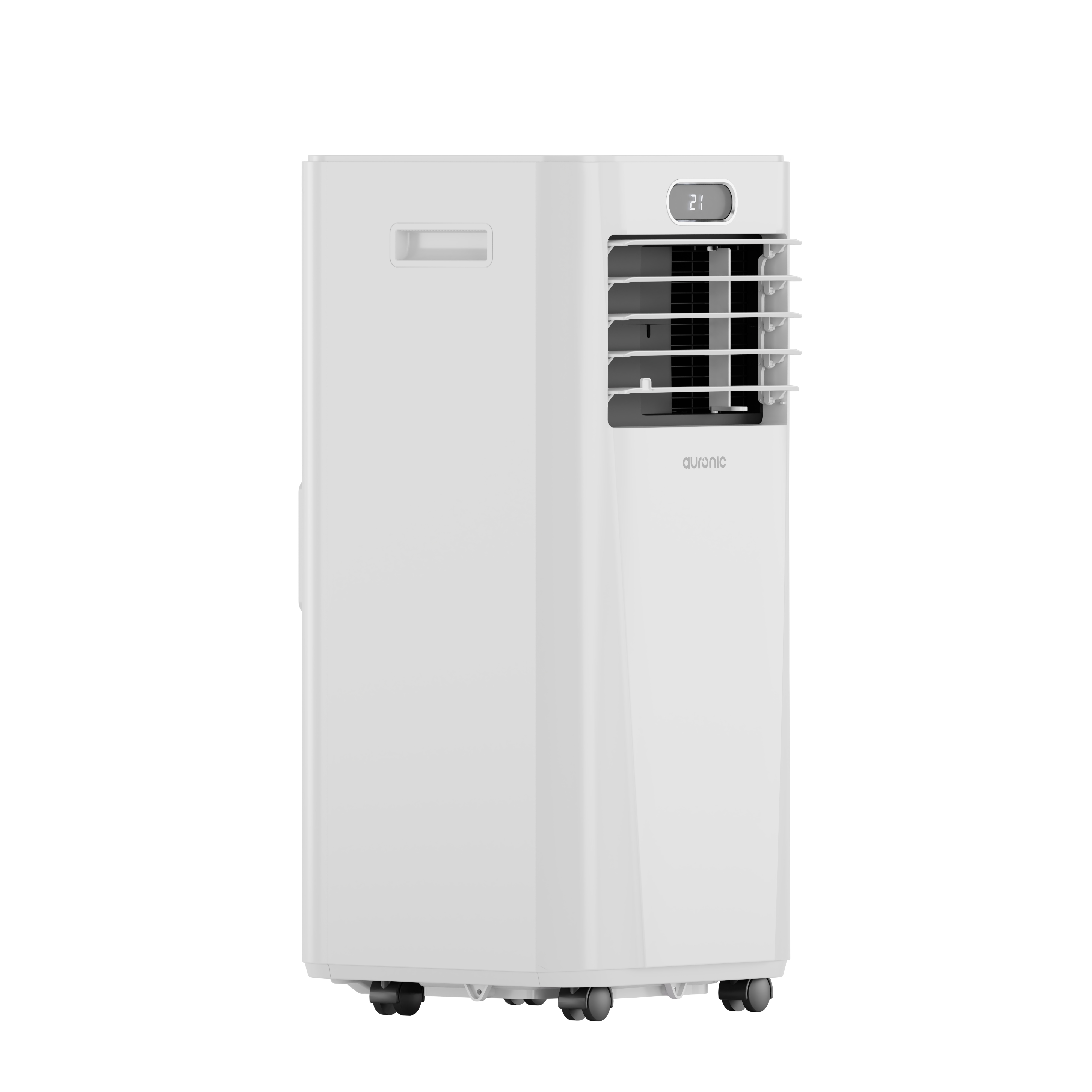 Een witte draagbare airconditioner koeler op wielen met digitaal display.