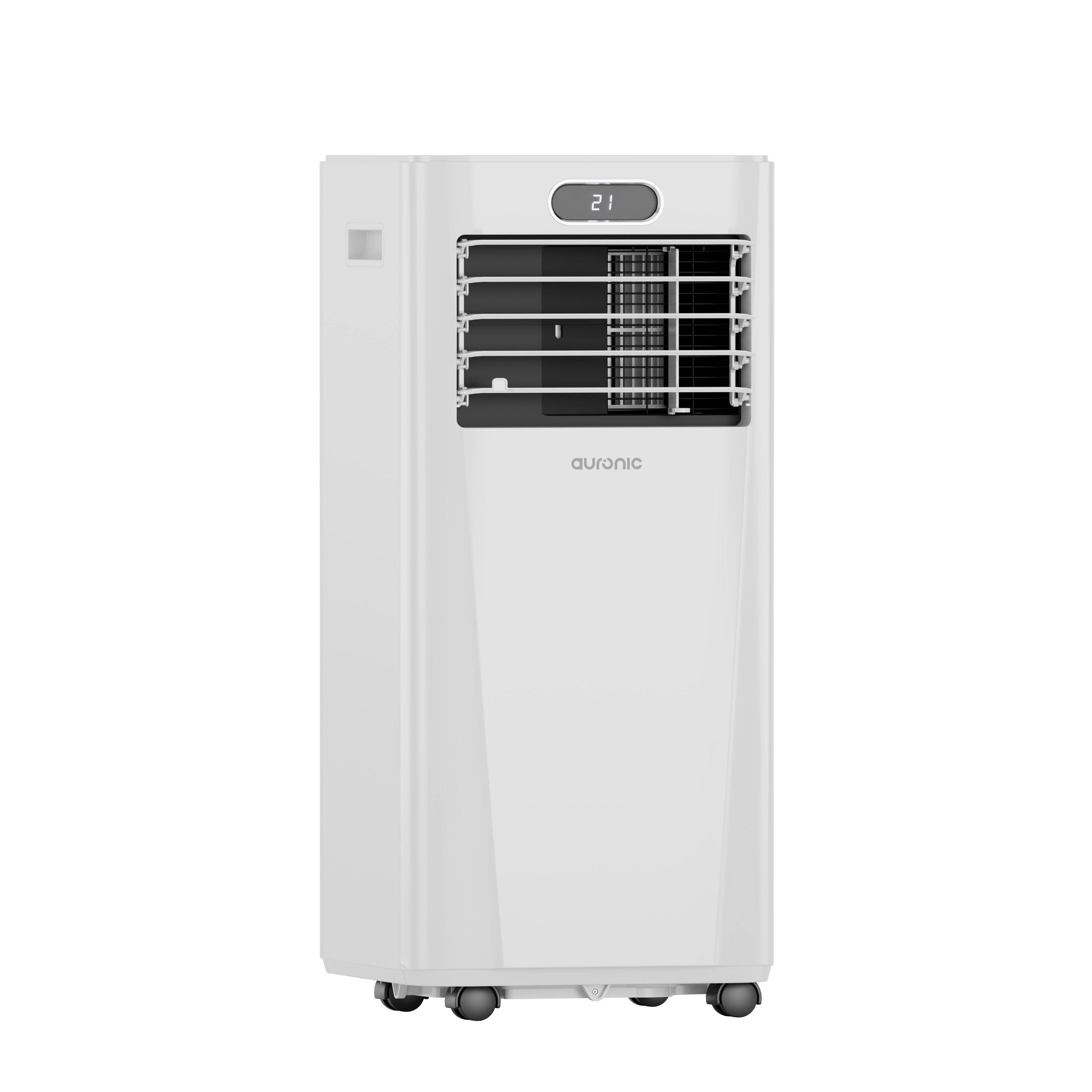 Een witte draagbare airconditioner met wielen en een digitaal display waarop 21 staat.