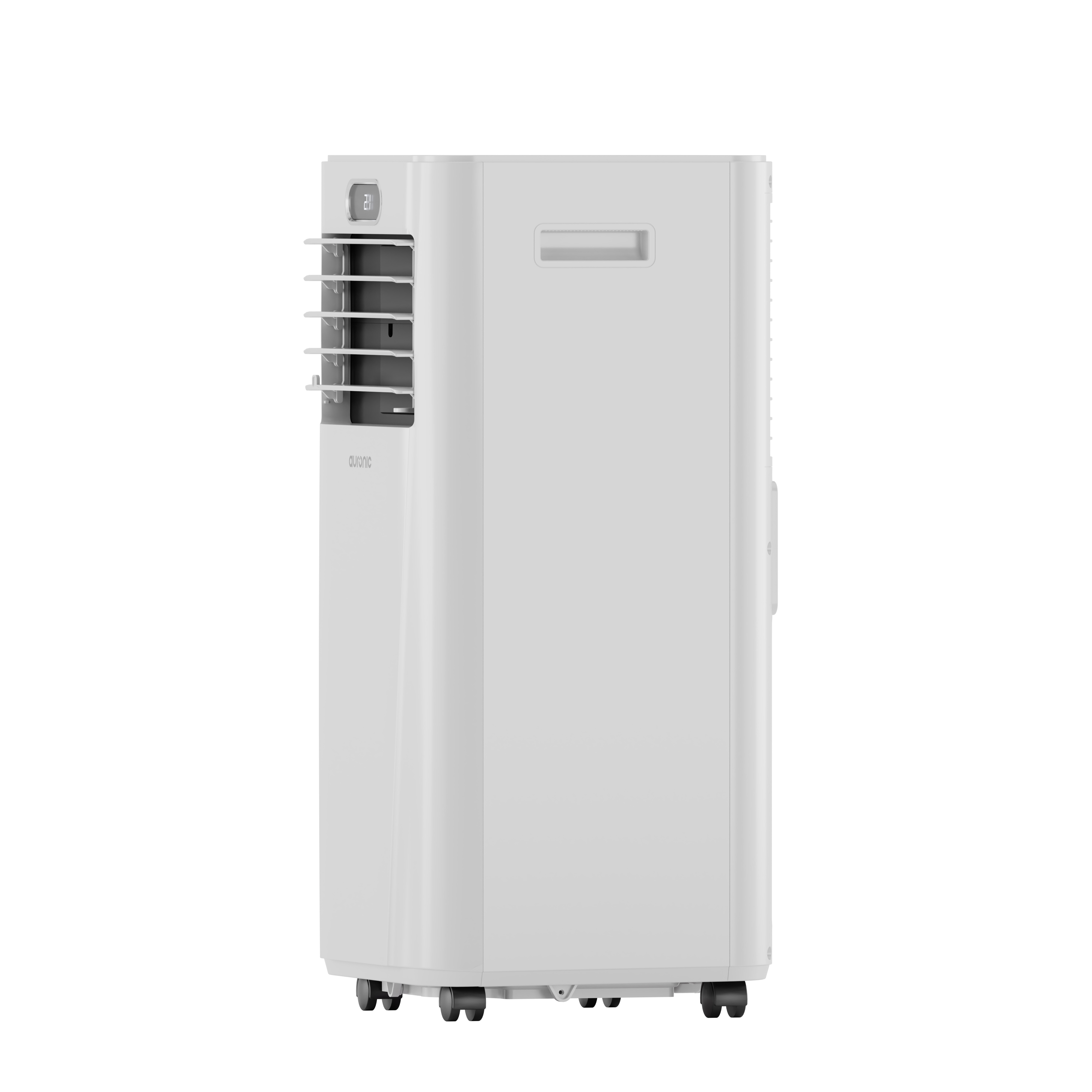 Een witte draagbare airconditioning unit met wielen en ventilatieroosters.