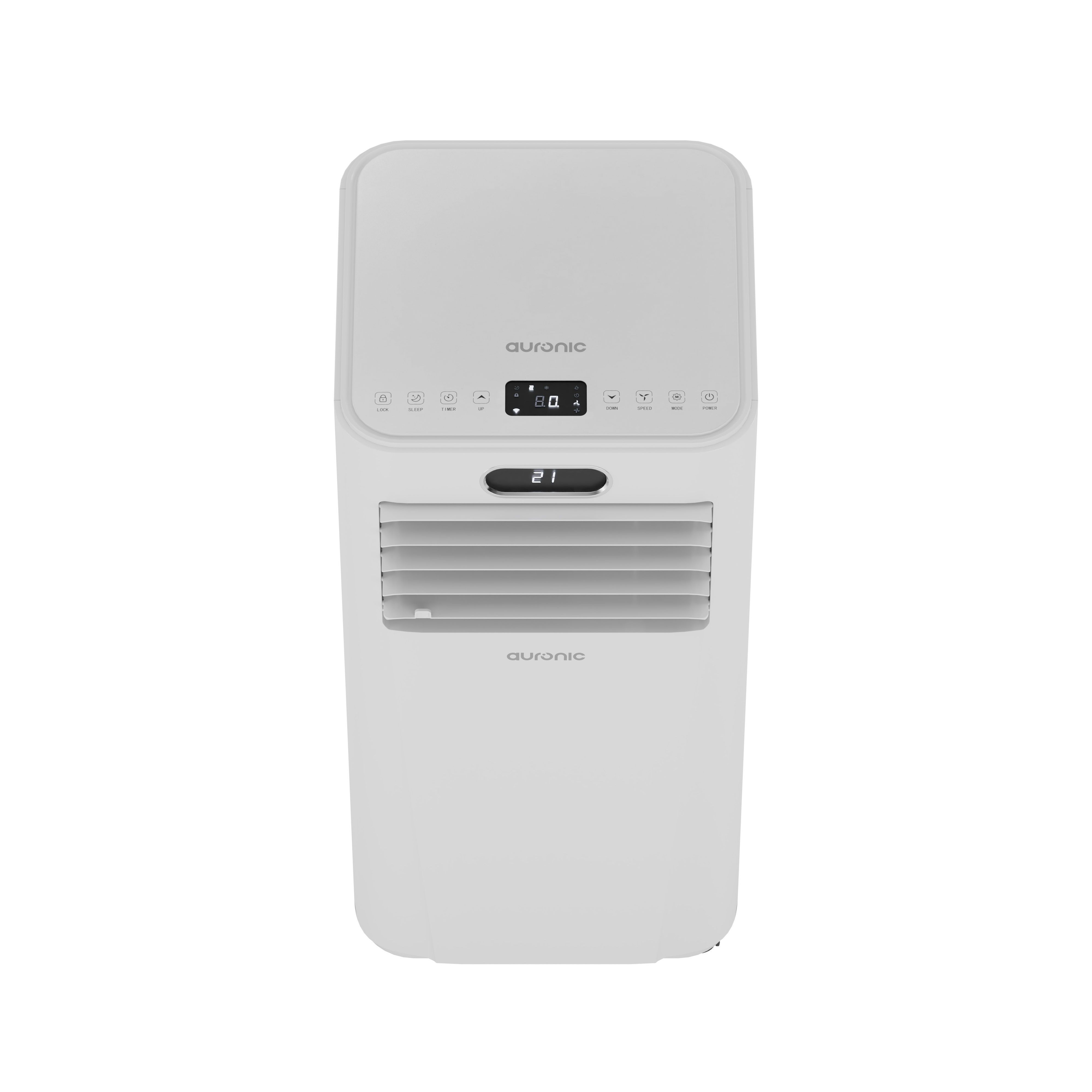 Een witte Auronic luchtkoeler met digitaal display en knoppen.