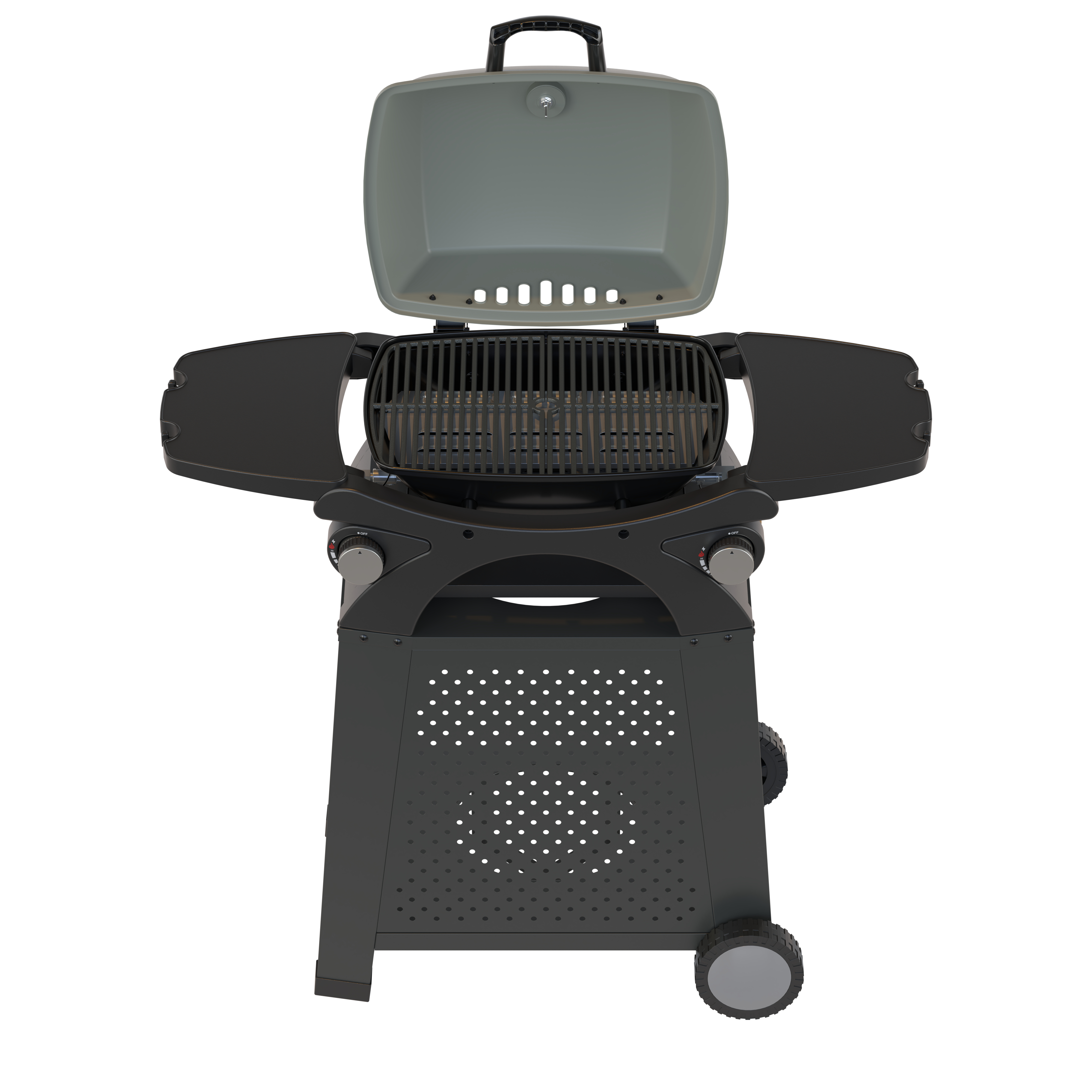 Un barbecue à gaz noir avec son couvercle ouvert, montrant la grille.