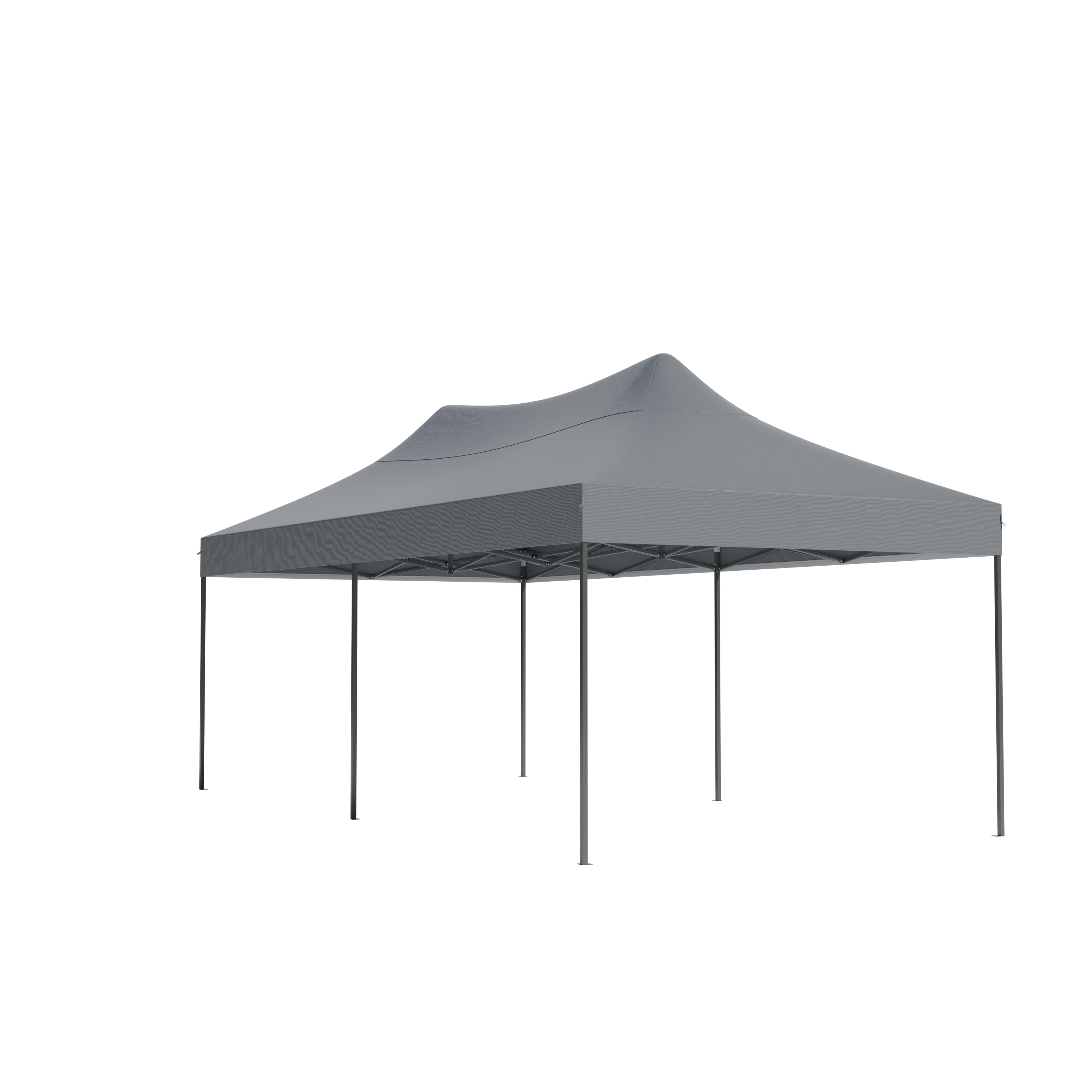 A gray pop-up canopy tent with a metal frame against a white background.