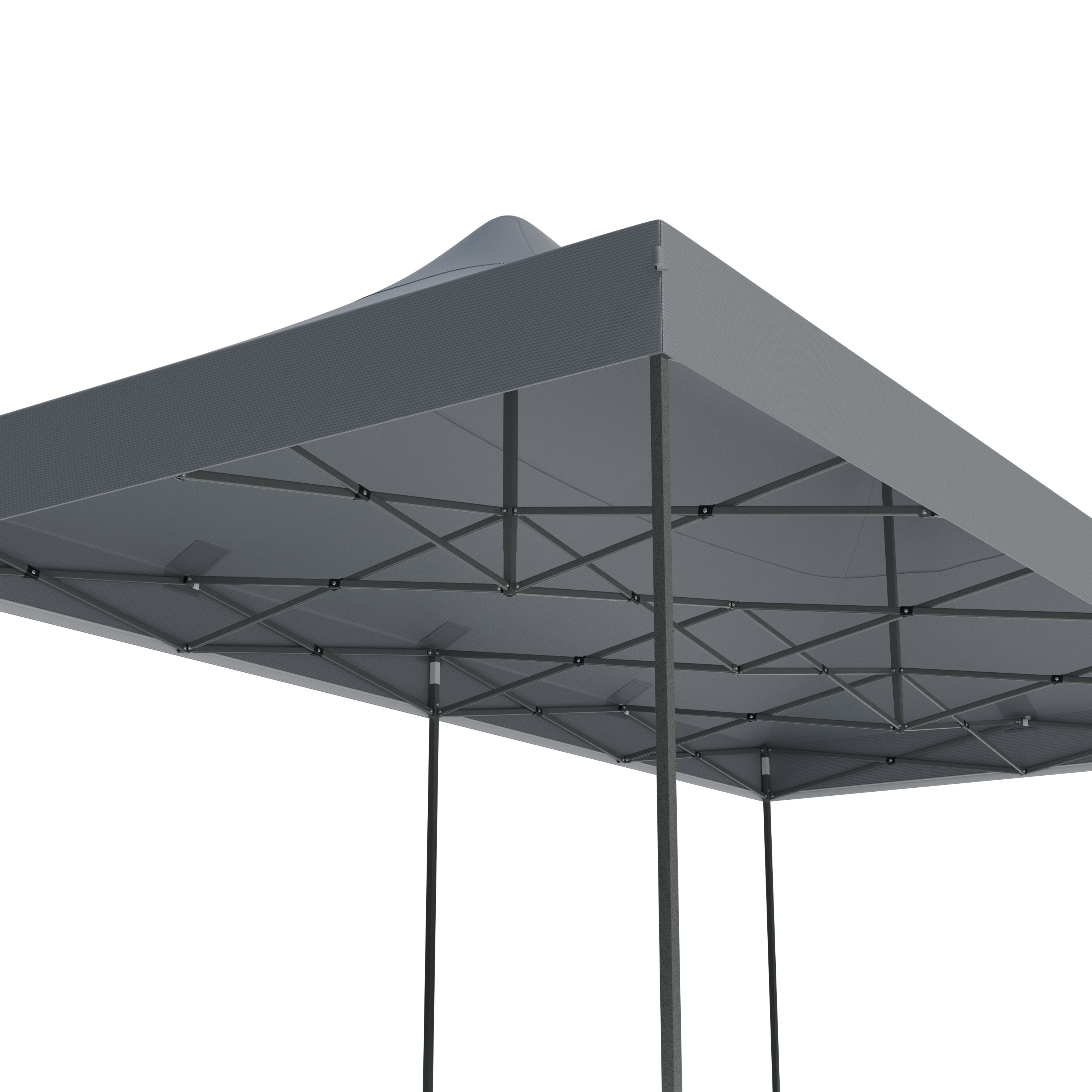 Underside view of a gray pop-up canopy frame with metal support beams.