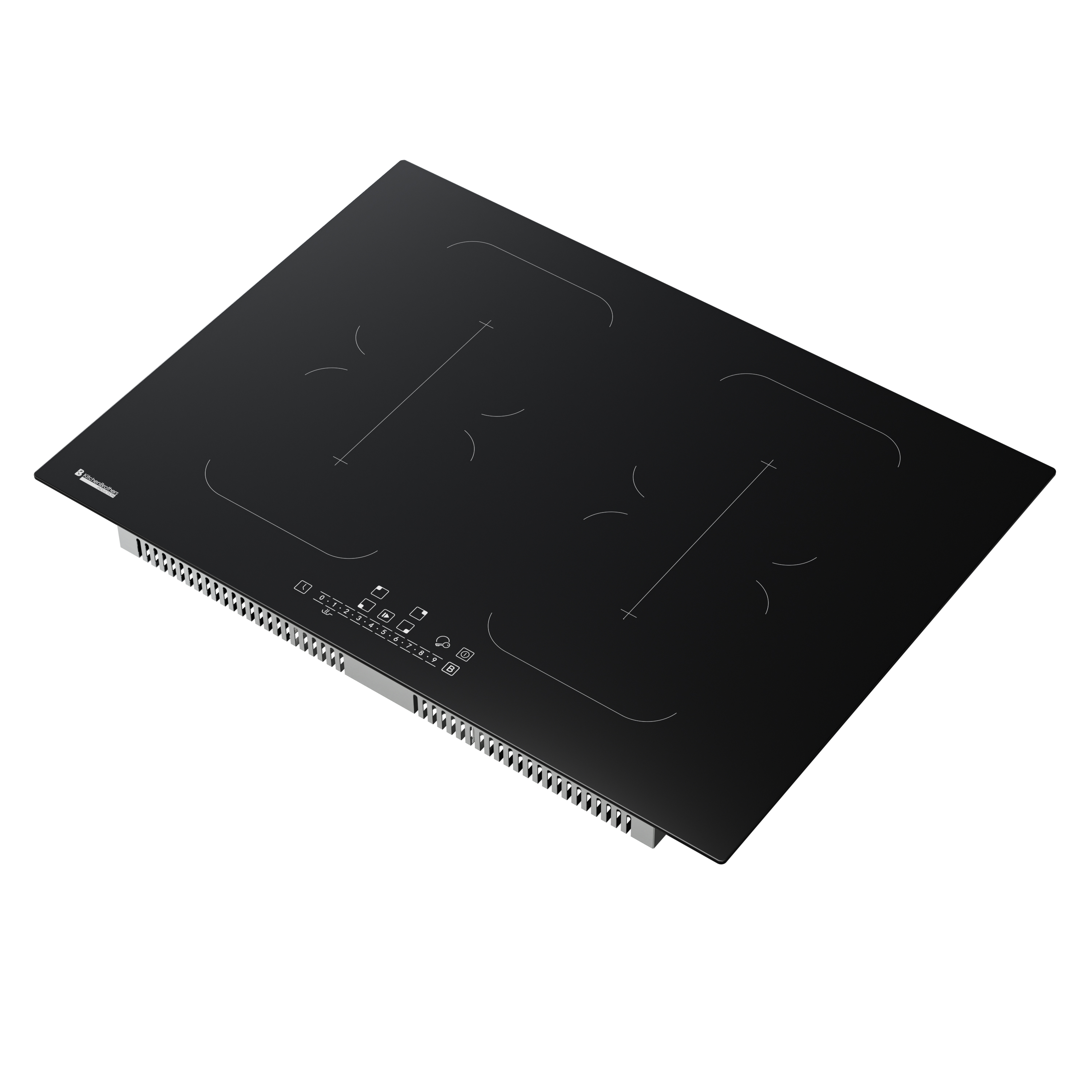 Zwart inductiefornuis met vier kookzones en touch controlpaneel.