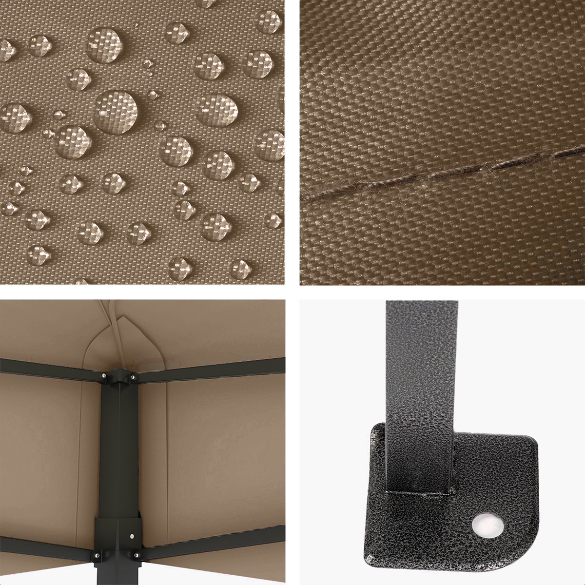 Four close-up views of a tan canopy: water droplets on fabric, fabric texture, corner frame, and metal joint.