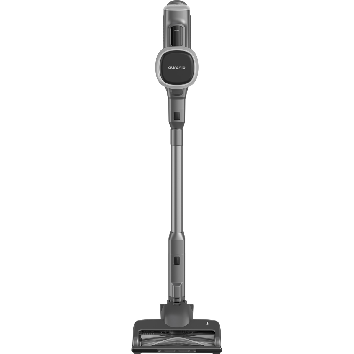 Un aspirateur sans fil gris avec une tête de brosse et une poignée.