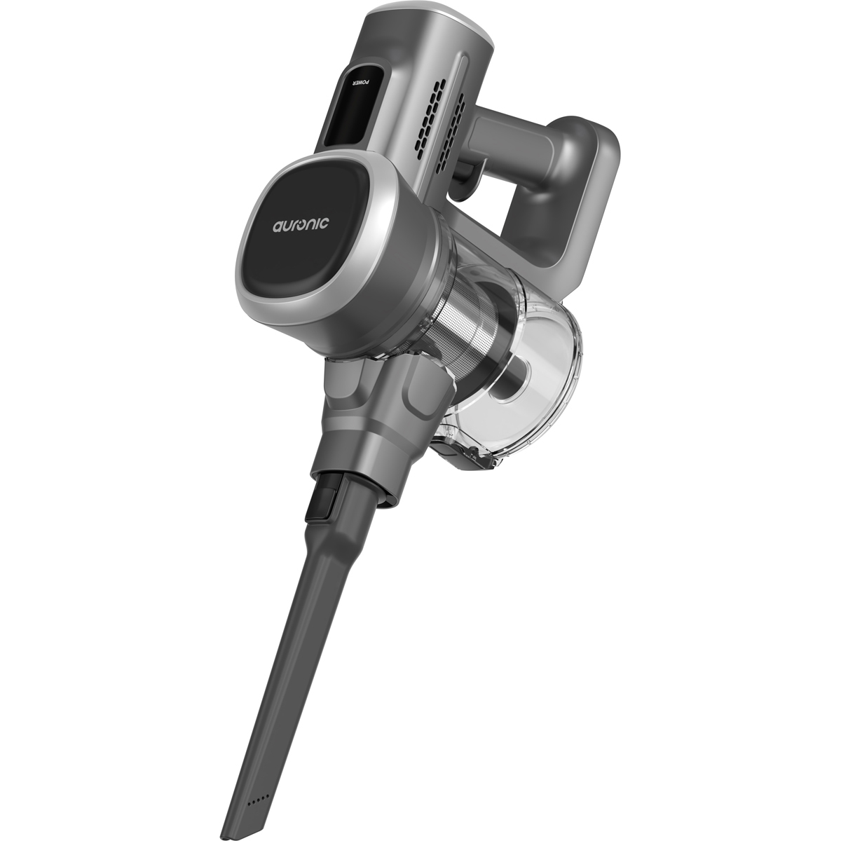 Un aspirateur sans fil gris avec un bac à poussière transparent et le logo Auronic.