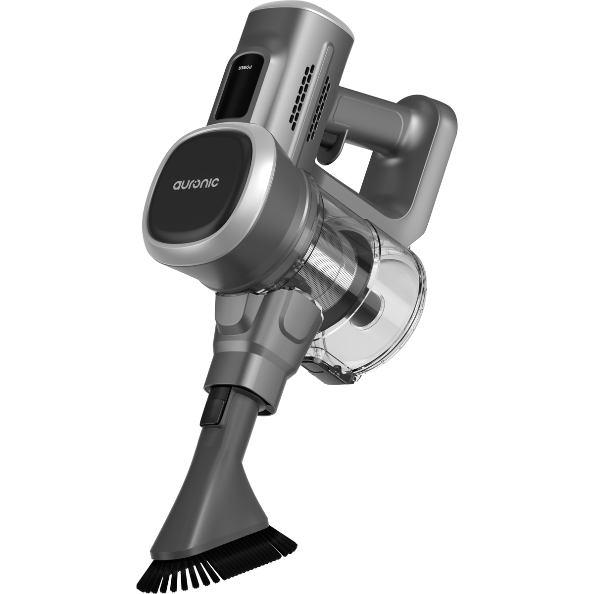 Un aspirateur à main sans fil gris avec suceur brosse et réservoir transparent.
