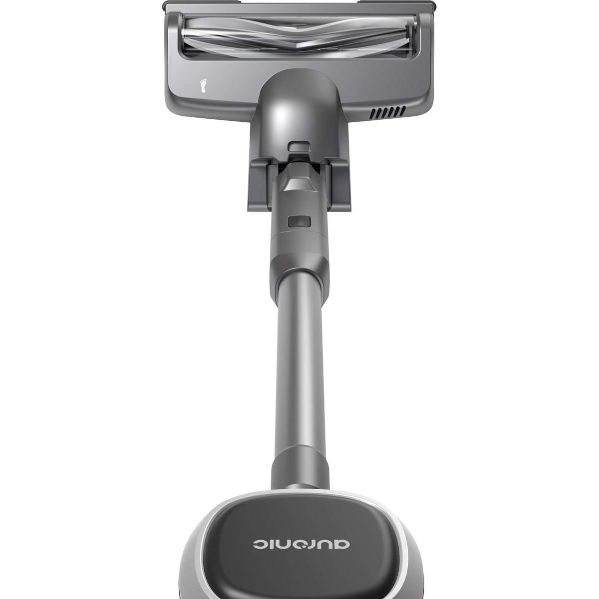 Tête d'aspirateur grise avec rouleau brosse et manche. Fond blanc.