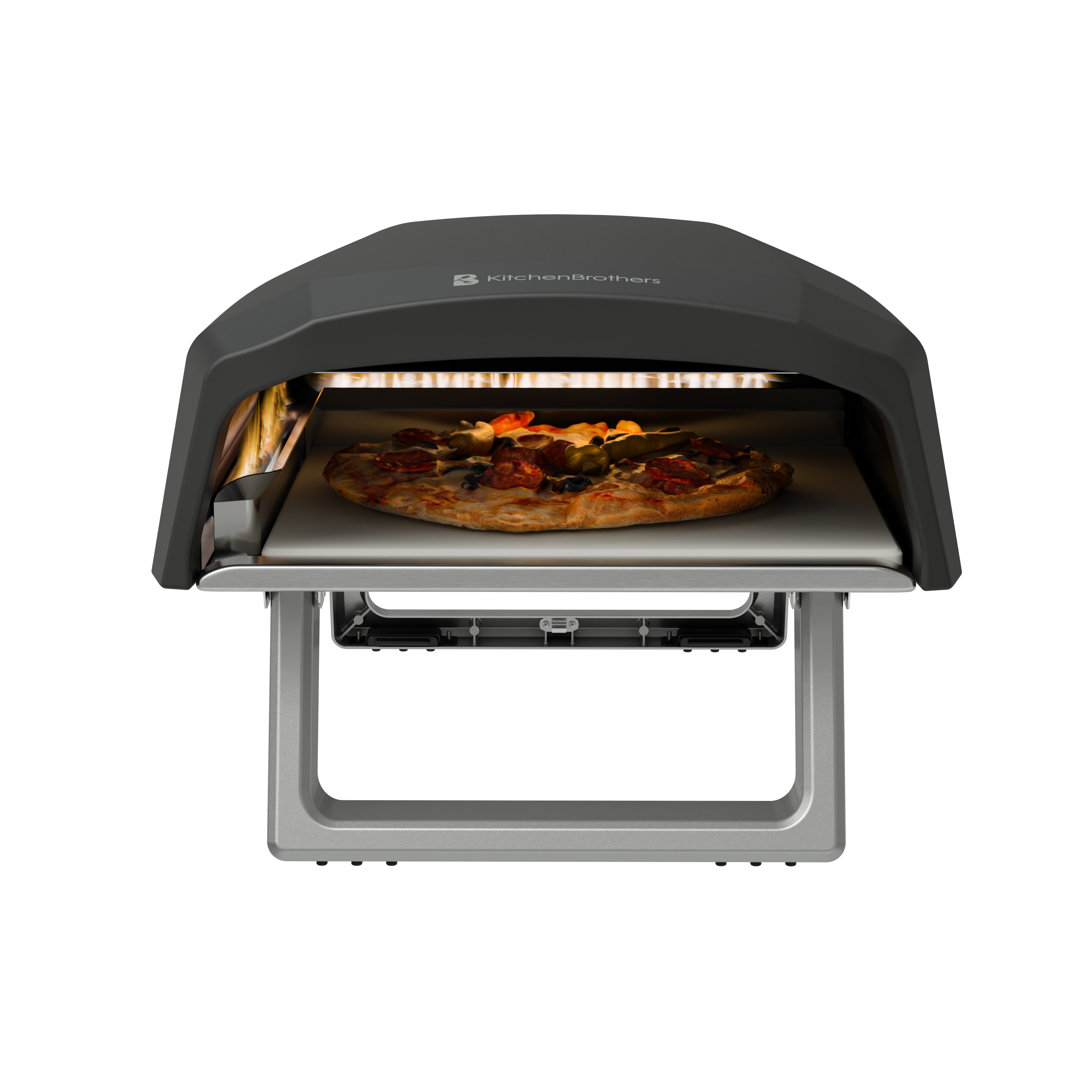 A pizza oven with a pizza stone holding a topped pizza inside.