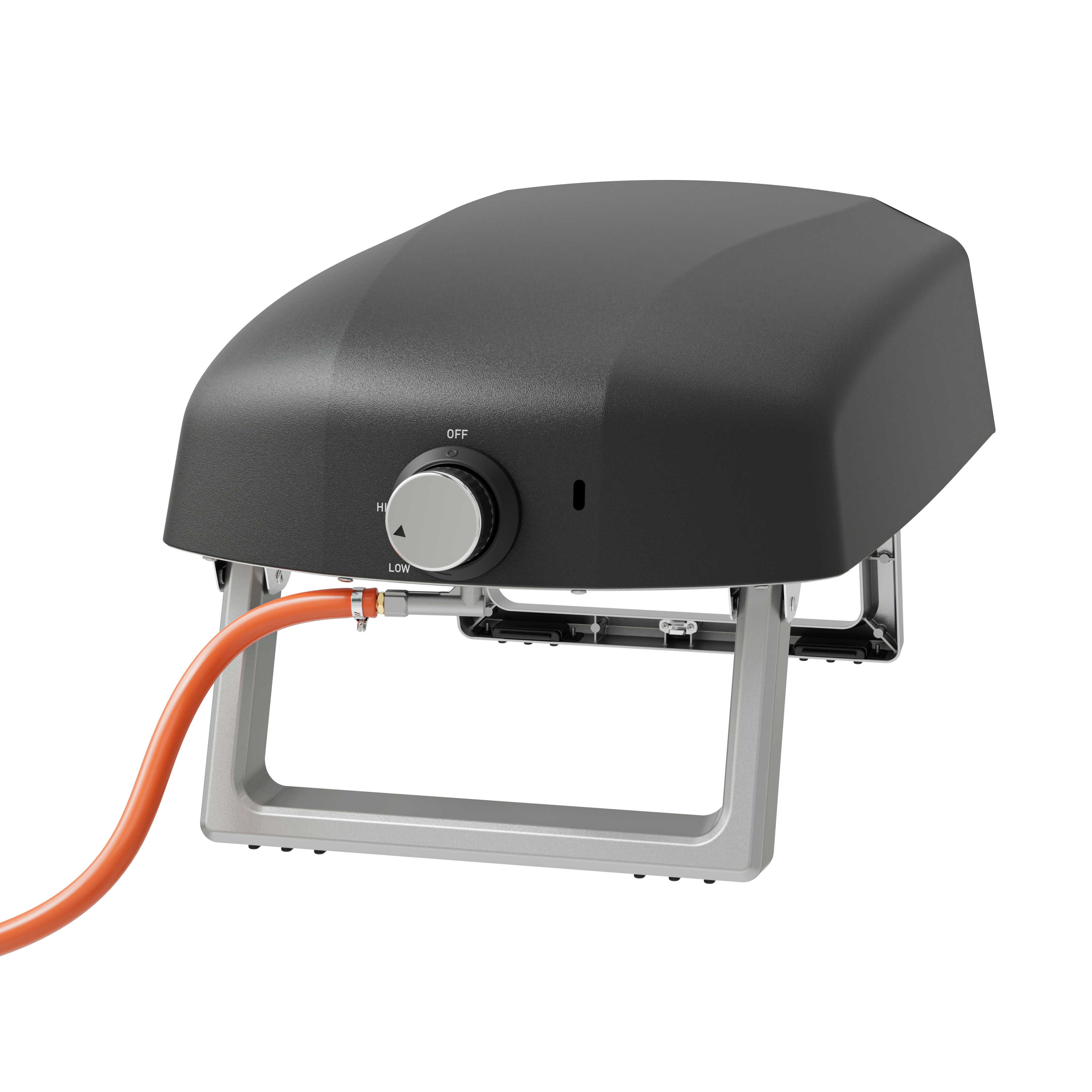 Black grill with an orange hose and a silver control knob.