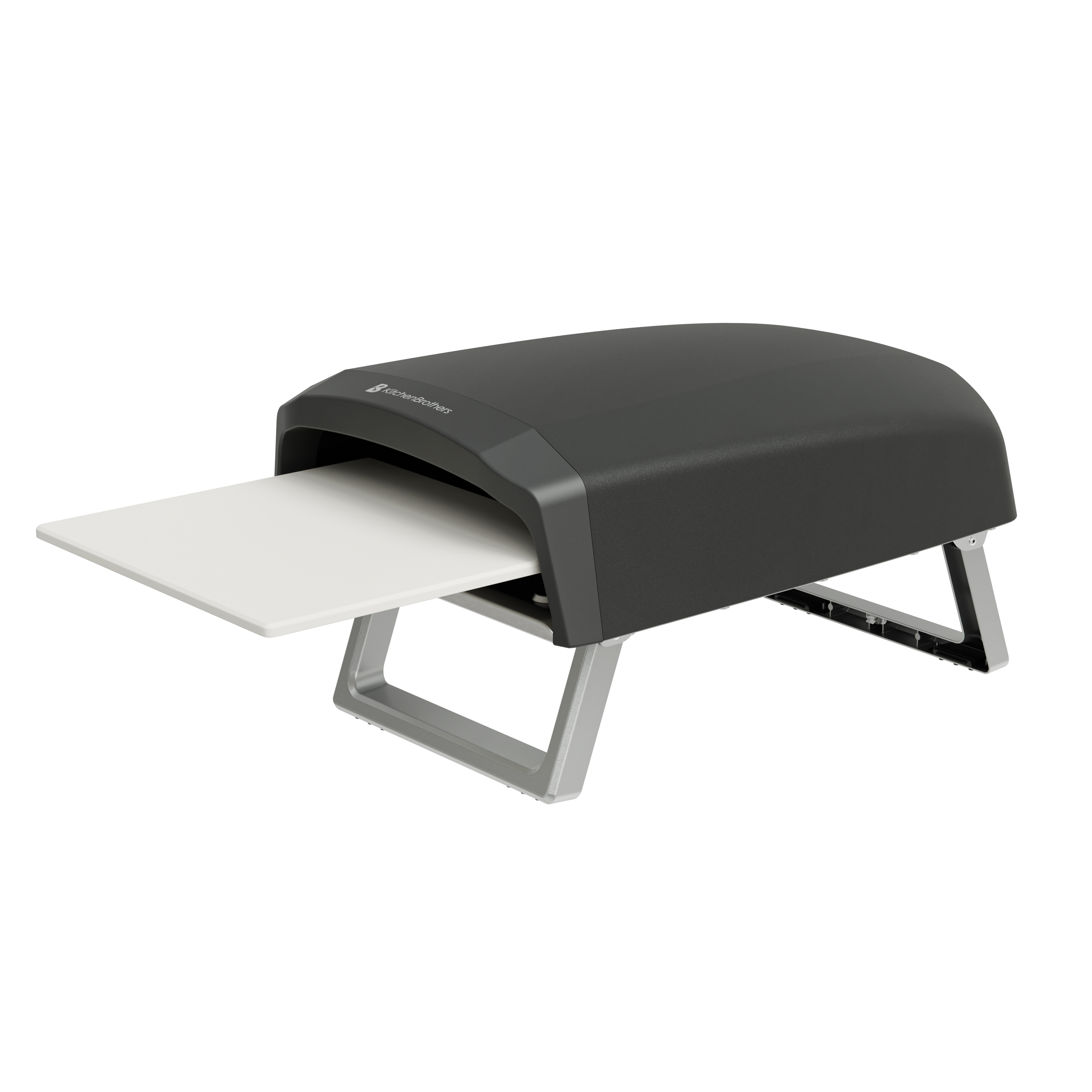 A black pizza oven with a pull-out stone on silver legs.
