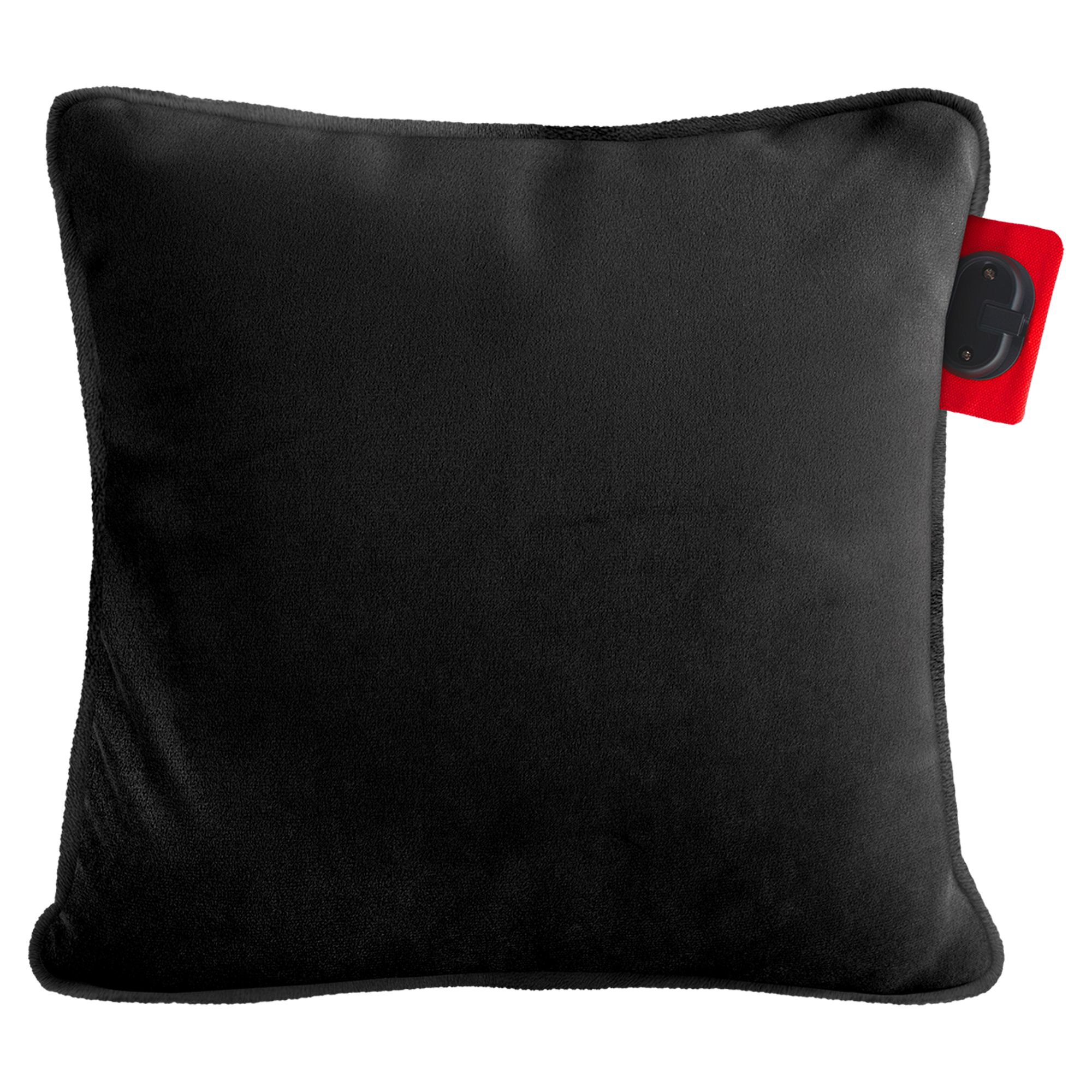 Zwart kussen met rood label en zwarte sluiting