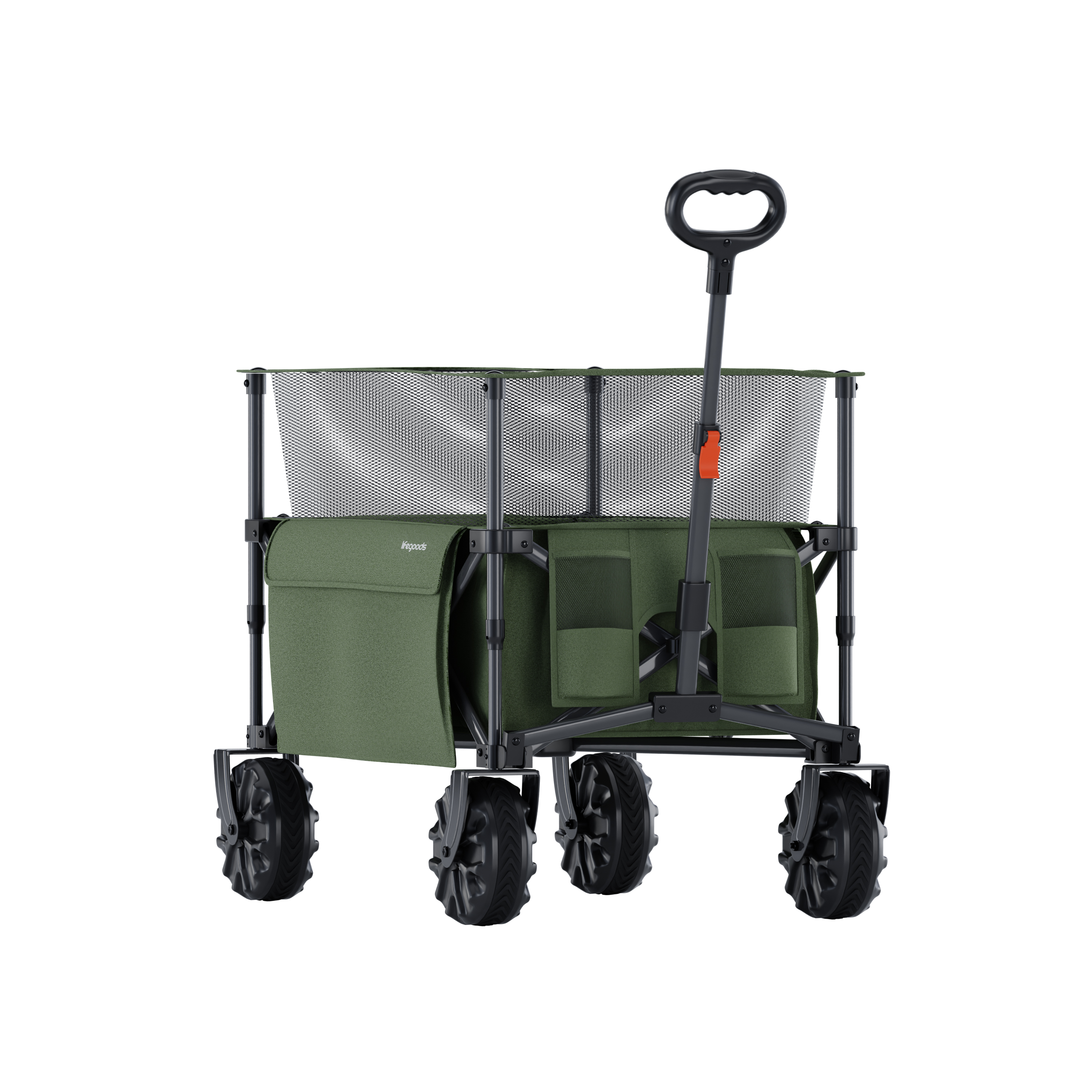 Green outdoor wagon with mesh and handle. White background view.