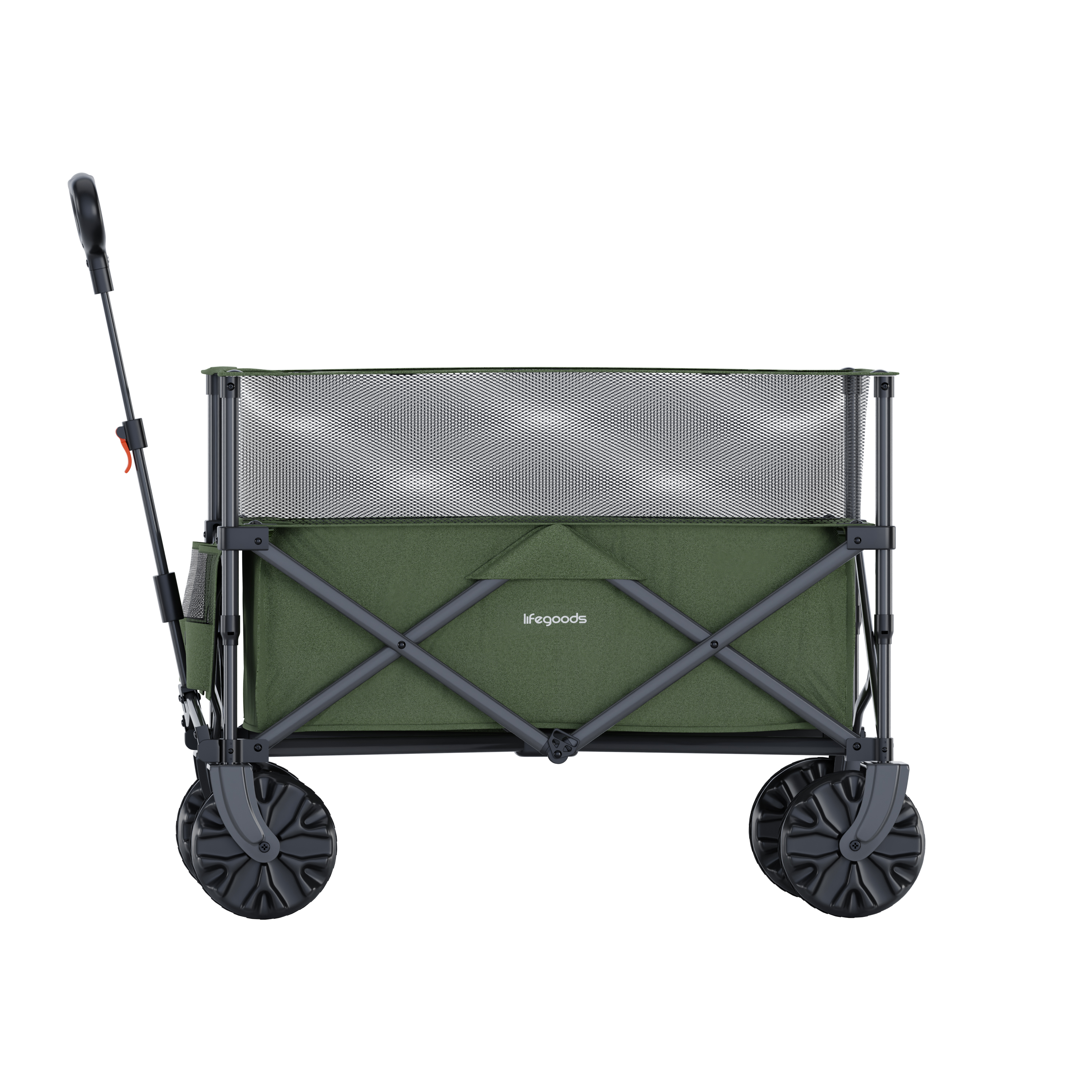 A foldable green outdoor wagon with mesh sides and a black handle.
