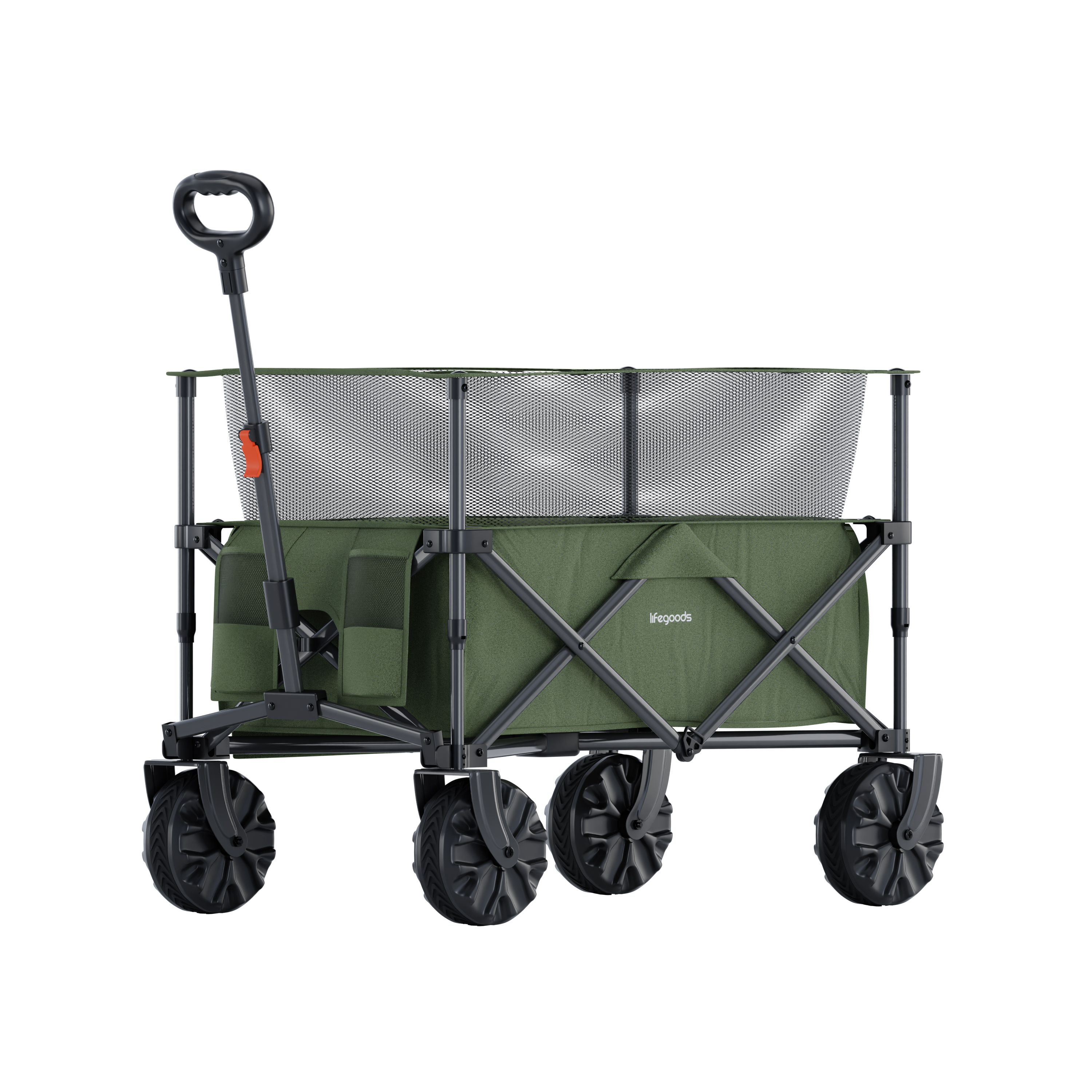 A foldable green outdoor wagon with mesh sides and a black handle.