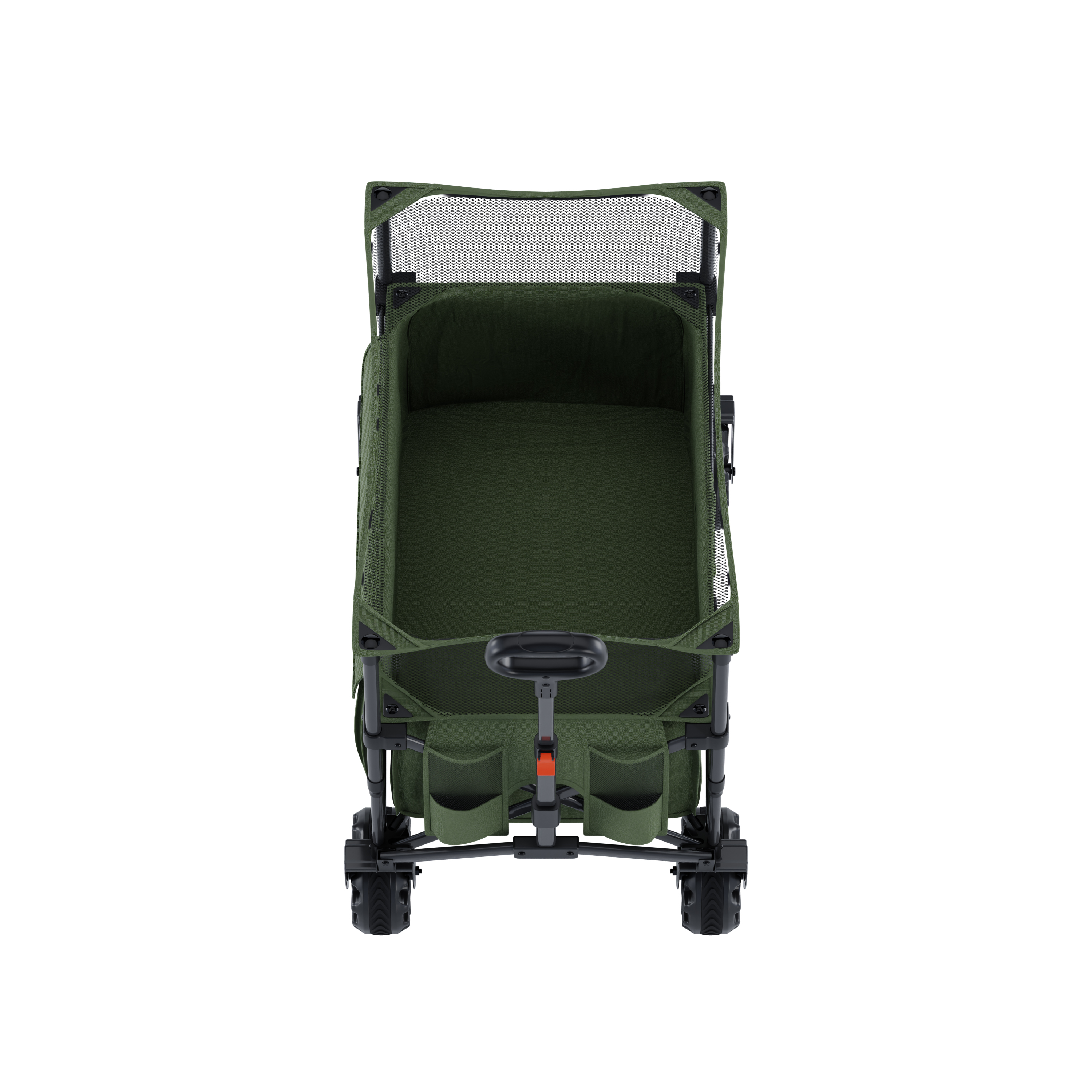 A green wagon with a black handle and wheels.