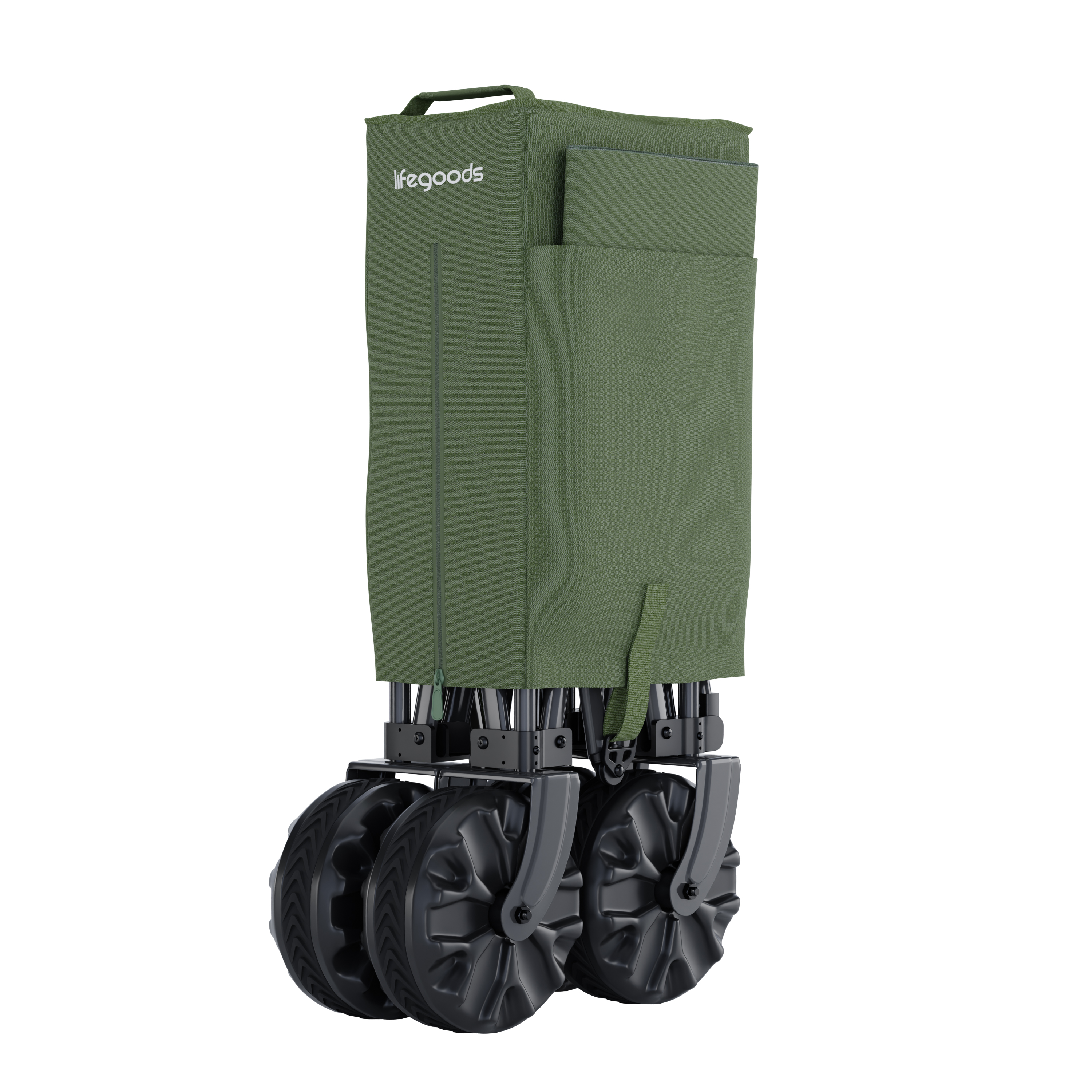 A green foldable cart with large black wheels and a handle.