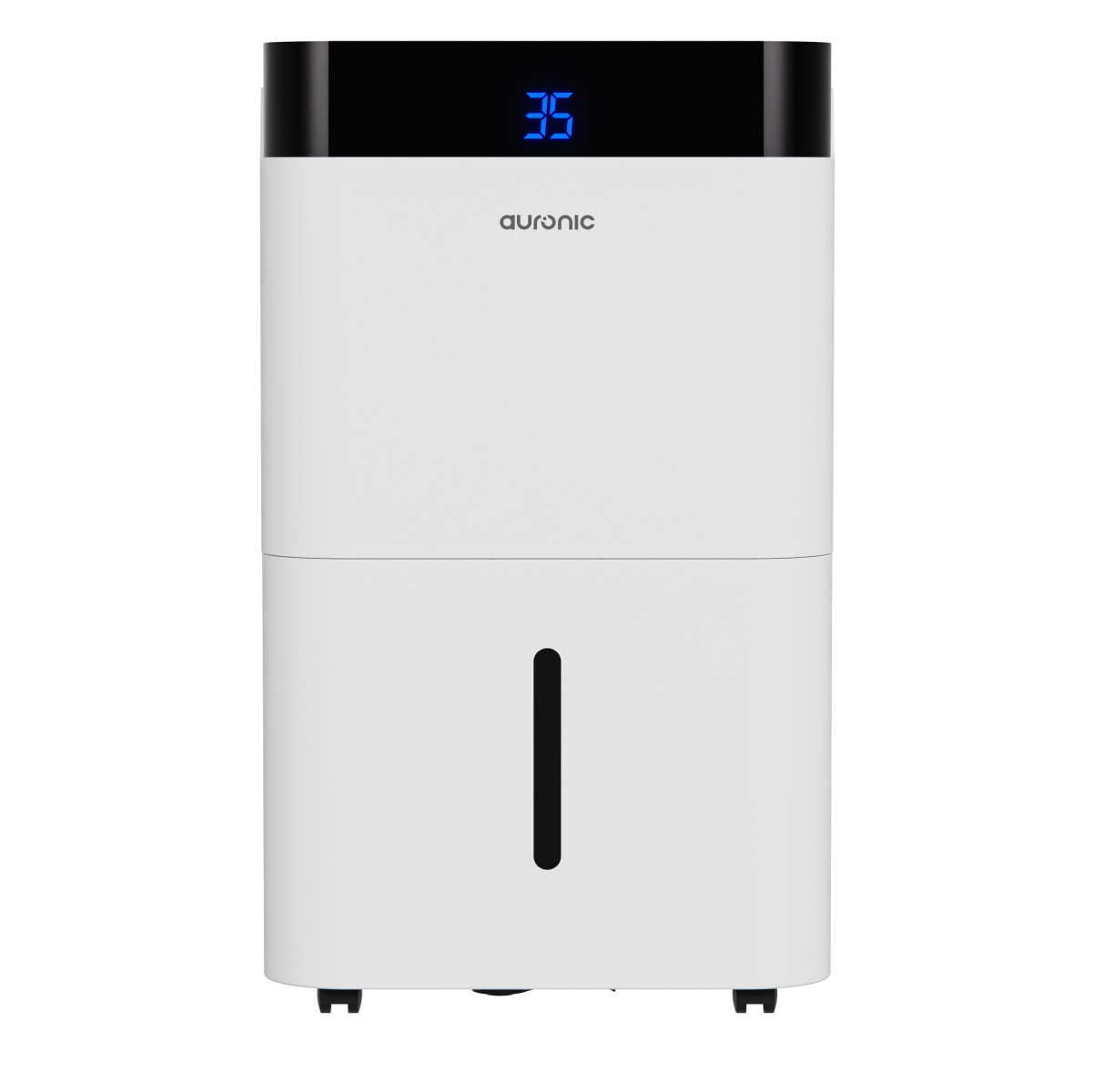 Een witte luchtontvochtiger met zwart bovenste deel en blauw digitaal display.