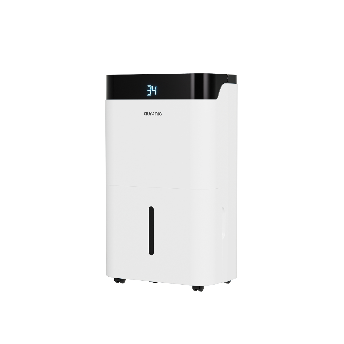 Witte Auronic luchtontvochtiger met digitaal display waarop 34 staat, op wielen.