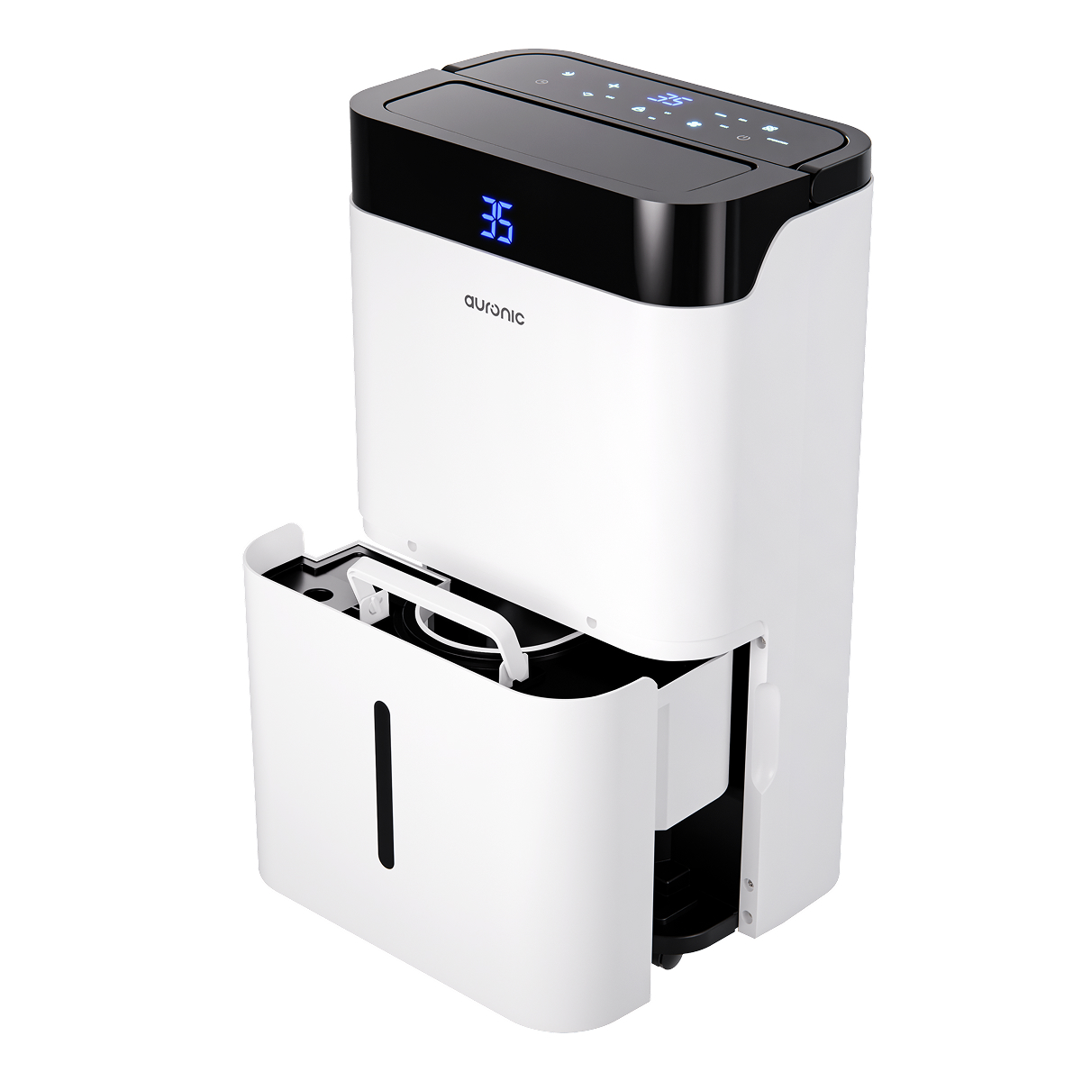 Witte Auronic luchtontvochtiger met zwart display dat blauwe cijfers toont. Waterreservoir uitgetrokken.