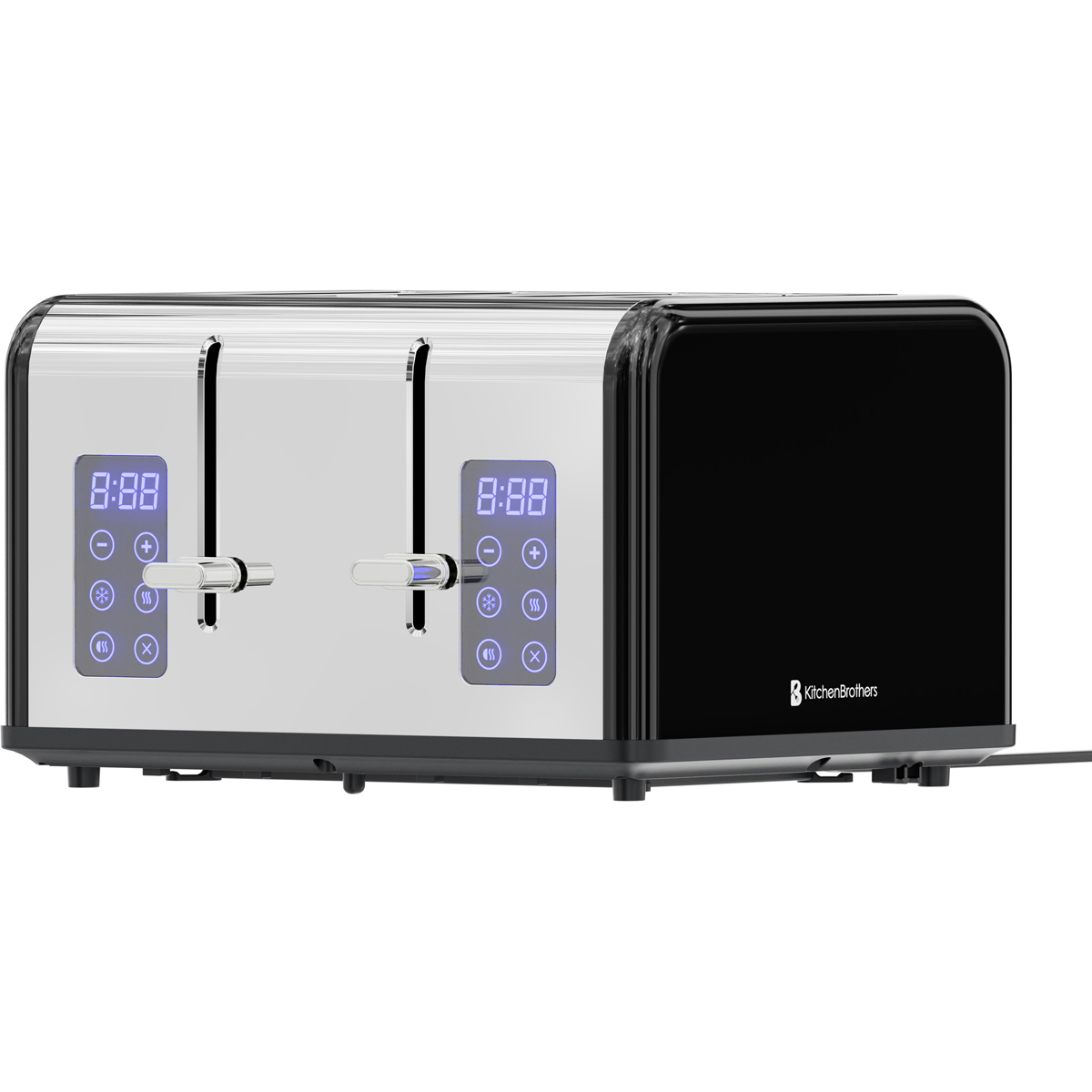 A modern chrome and black two-slot toaster with digital displays and controls.
