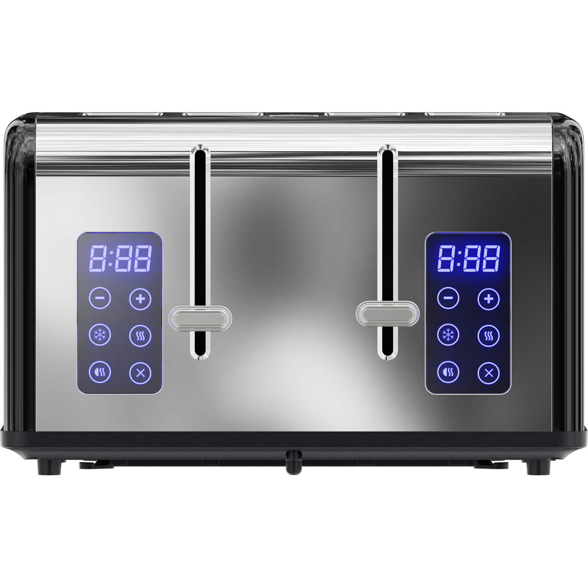 A shiny silver toaster with digital displays and control buttons.