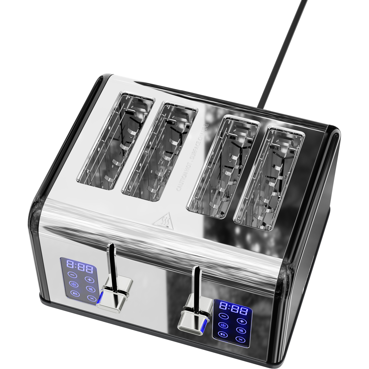 A modern, chrome four-slice toaster with digital displays and levers.