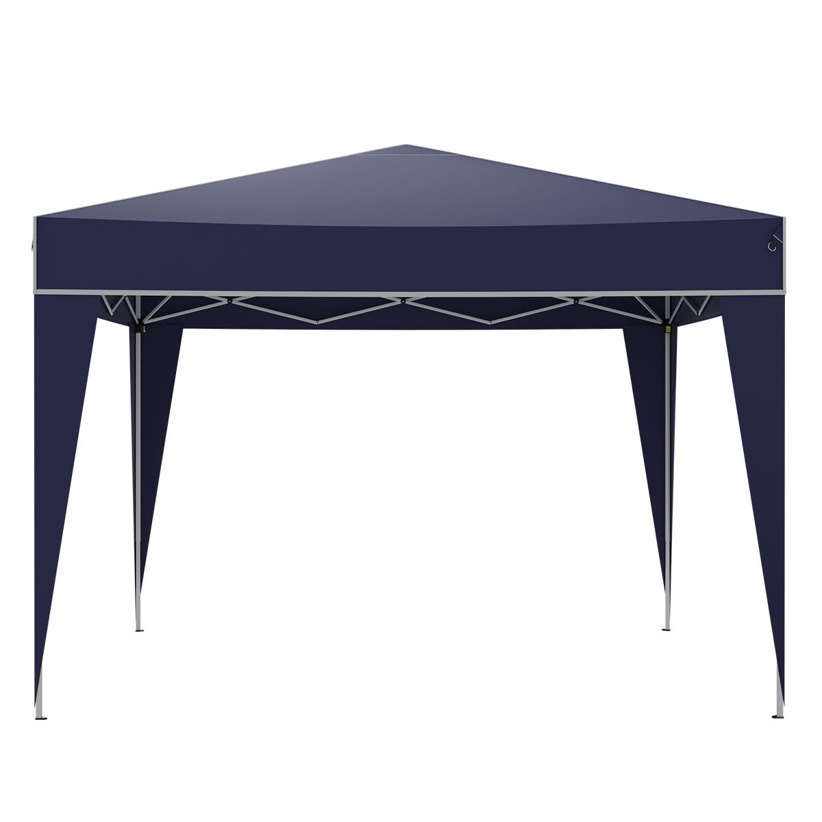 A dark blue pop-up canopy tent with a silver metal frame.