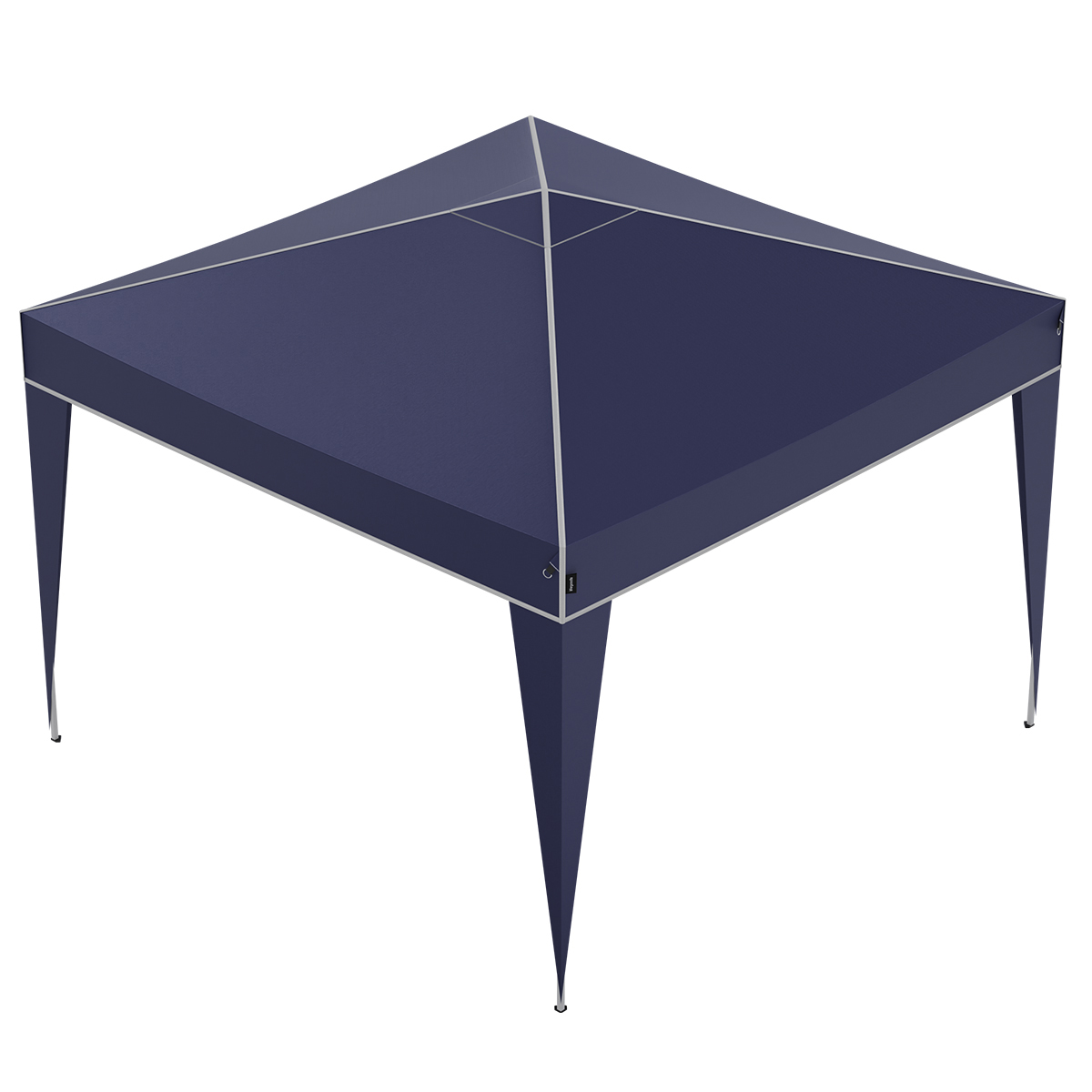 A dark blue canopy tent with silver trim, set against a white background.