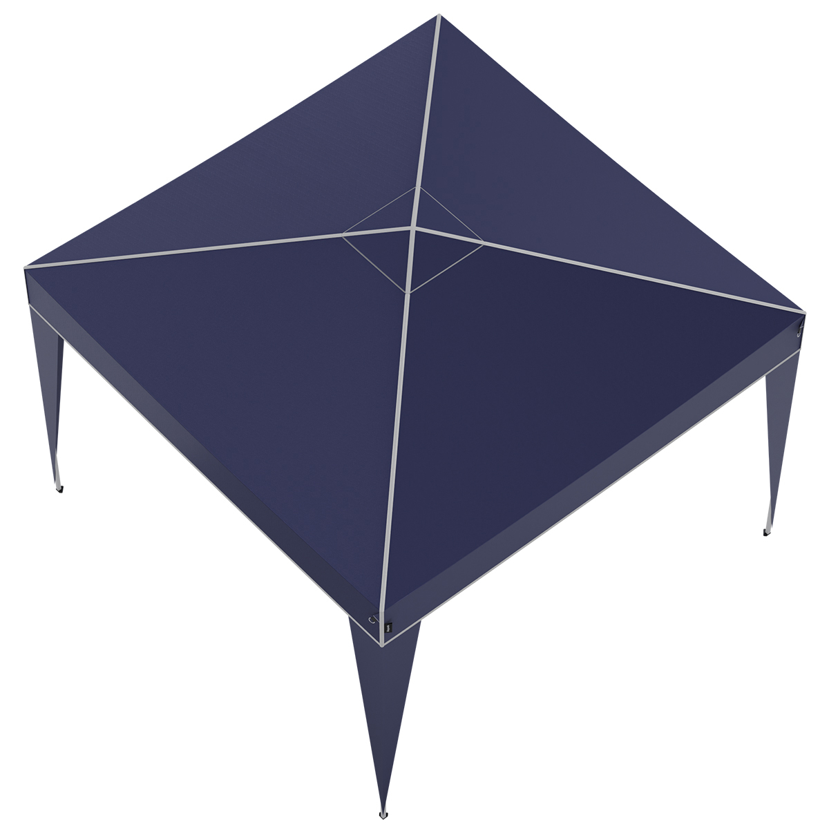 A dark blue gazebo with four legs and silver struts.