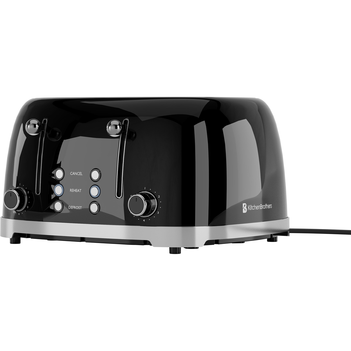 Zwarte KitchenBrothers broodrooster voor 4 sneetjes met zilveren rand en knoppen.
