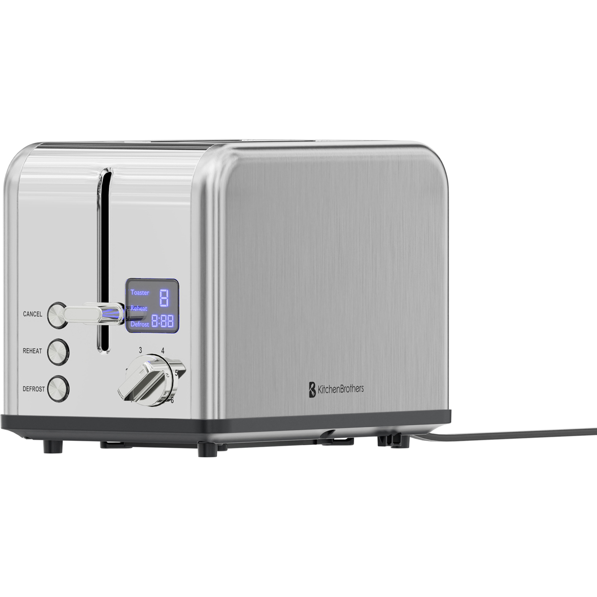 Silver KitchenBrothers 2-slice toaster with digital display and dial.