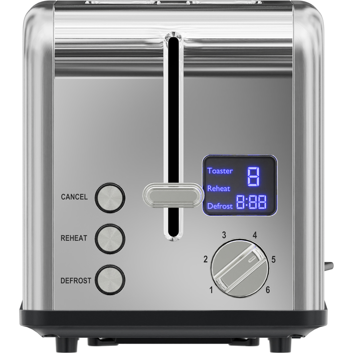 A silver toaster with three buttons and a dial. Digital display shows '8' and '8:88'.