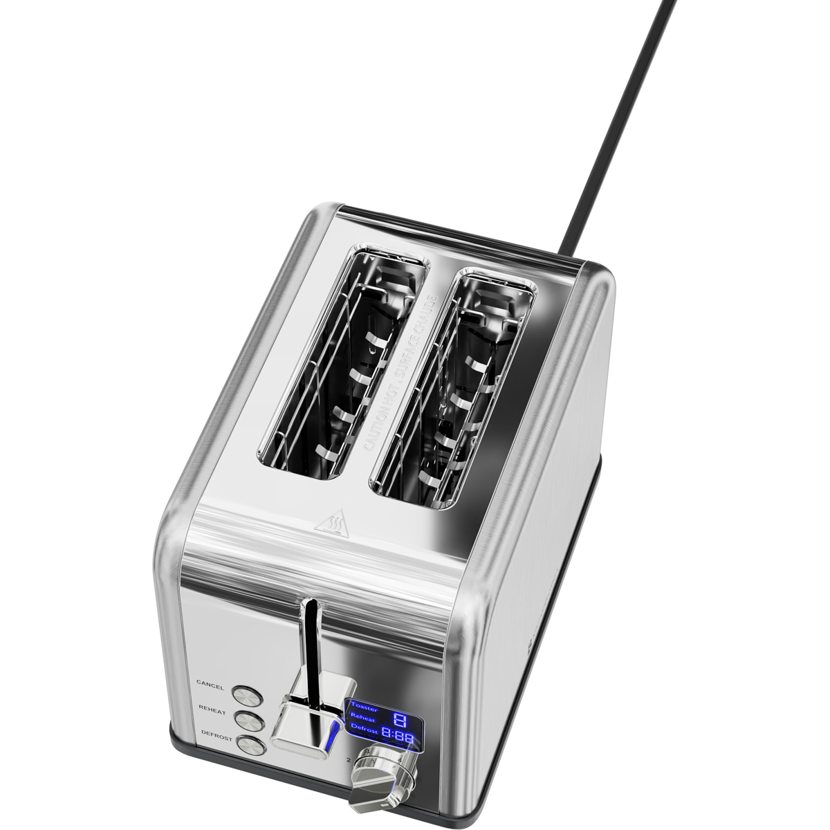A shiny chrome two-slice toaster with a digital display and buttons.