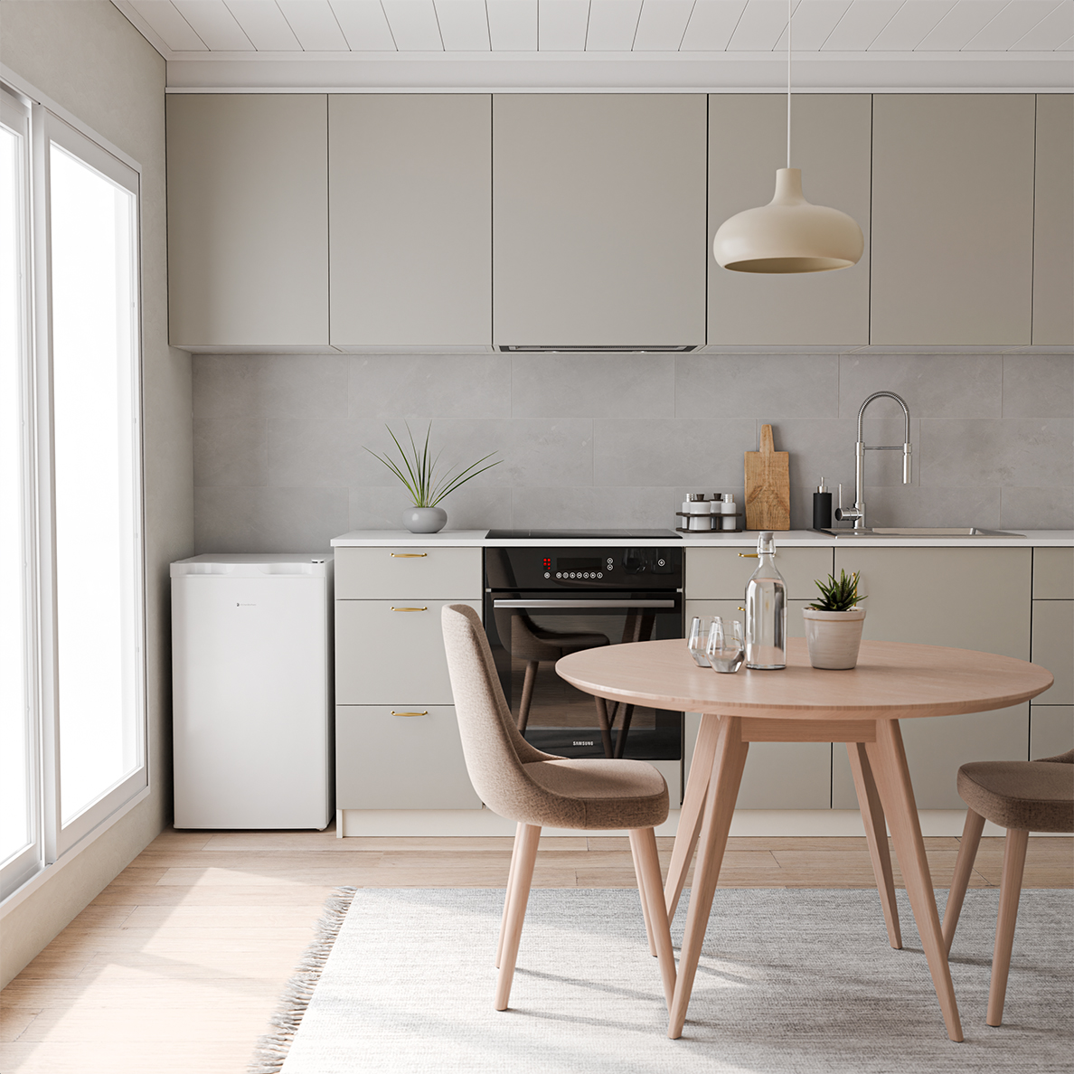Modern kitchen with wooden table, chairs, fridge, stove, and window.