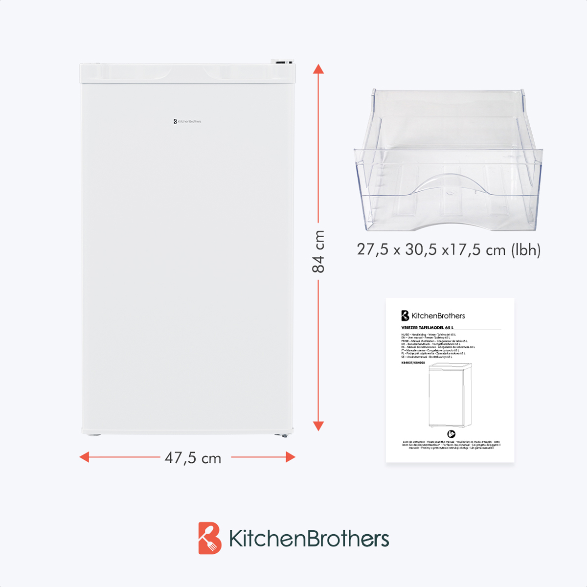 White table refrigerator with dimensions and accessory.