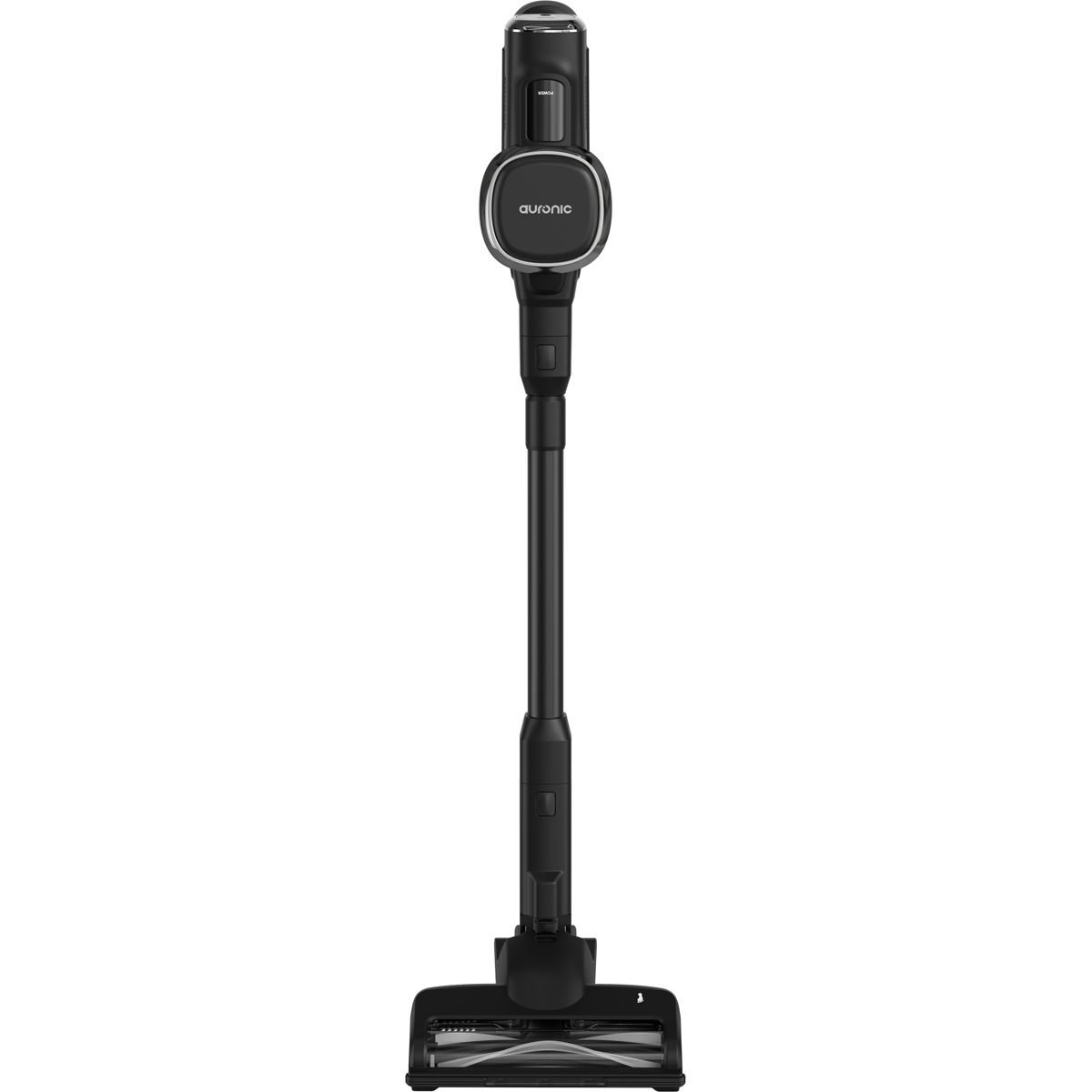 Aspirateur sans fil noir avec bordure argentée sur la poignée, sur fond blanc.