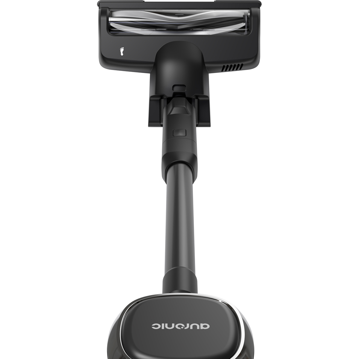 Tête d'aspirateur noire avec brosse rotative et tube, logo en bas.