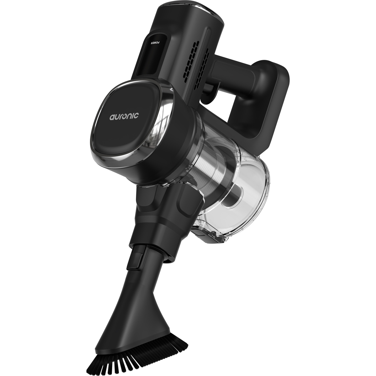 Aspirateur à main noir avec embout brosse, détaillé, sur fond blanc.