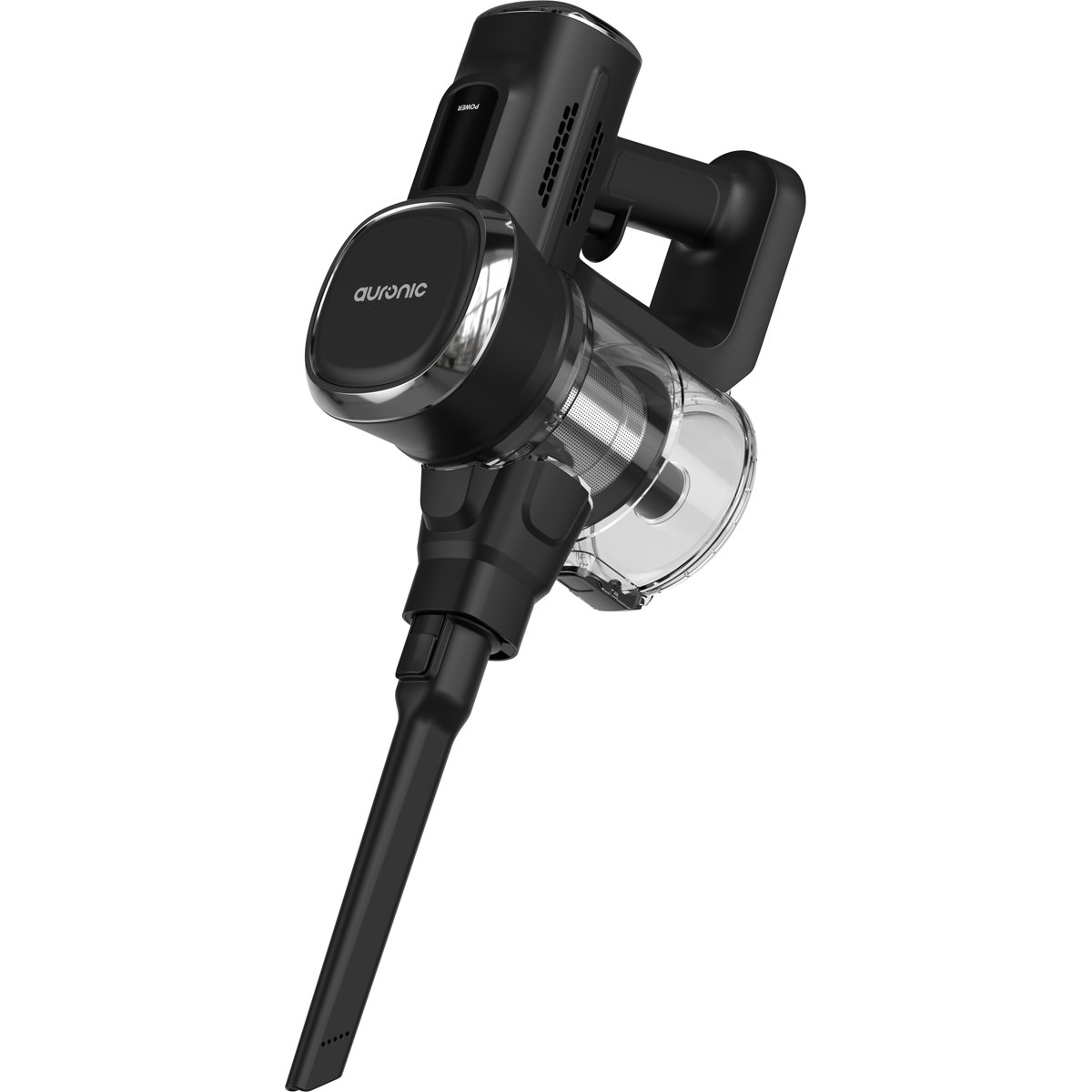 Un aspirateur à main sans fil noir avec un réservoir à poussière transparent.