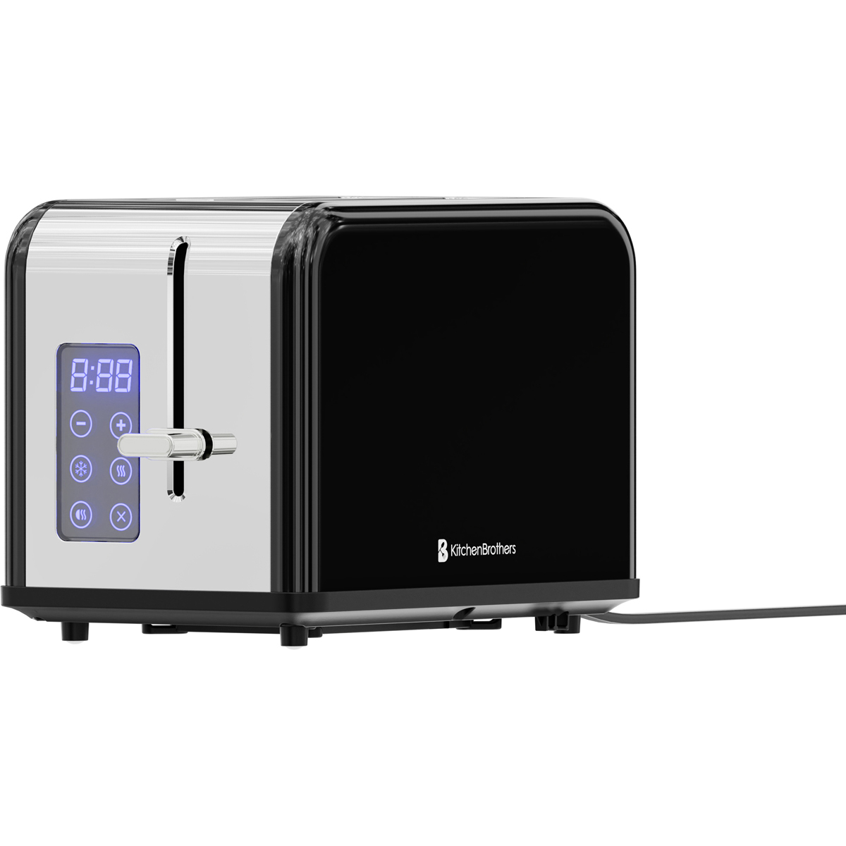 A modern black and silver toaster with a digital display and lever.